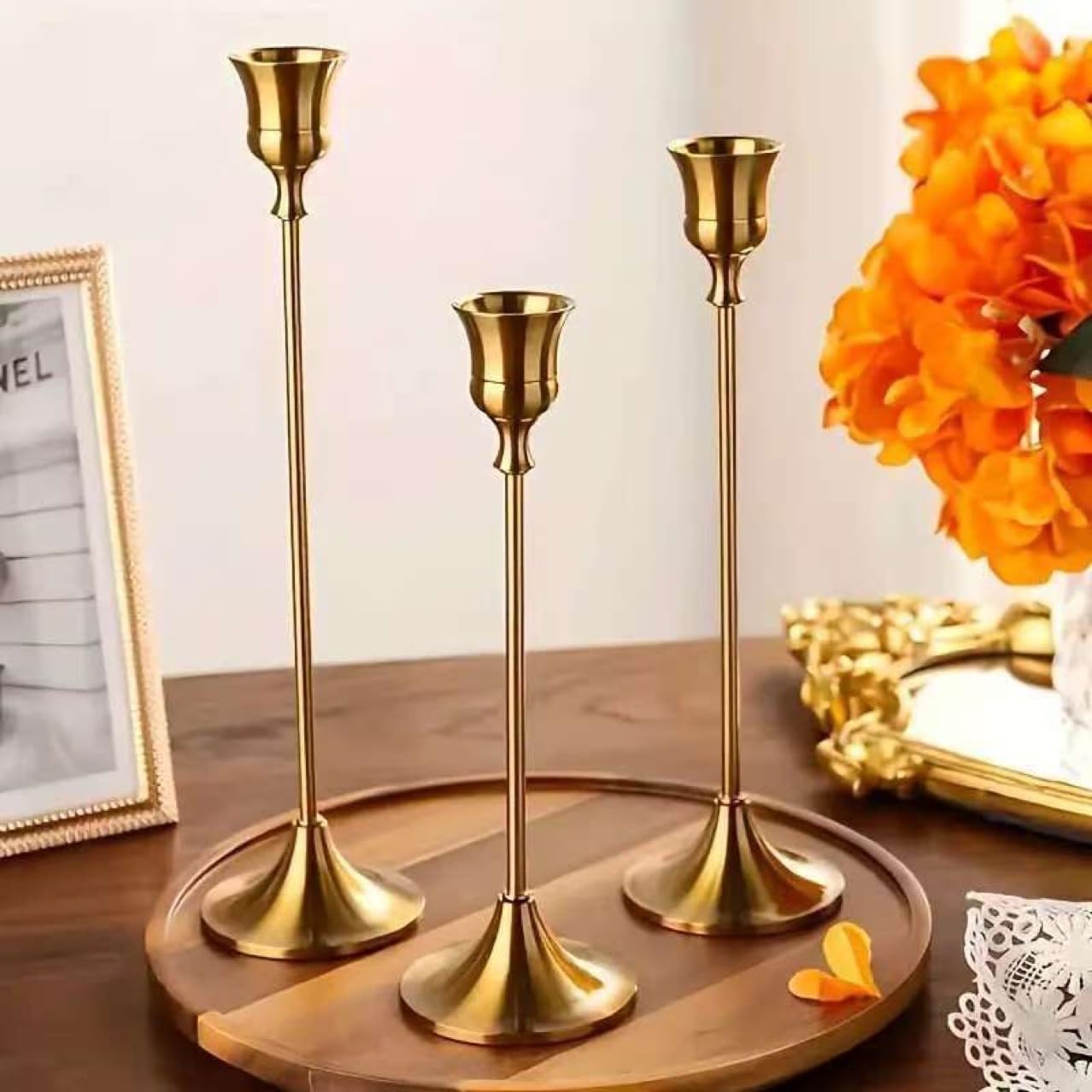Candle Holders: Set of 3 Gold Candle Stick Holders - Metal Candlestick Holders for Home Christmas Wedding Table Centerpiece Mantle Decor (Golden Cup)