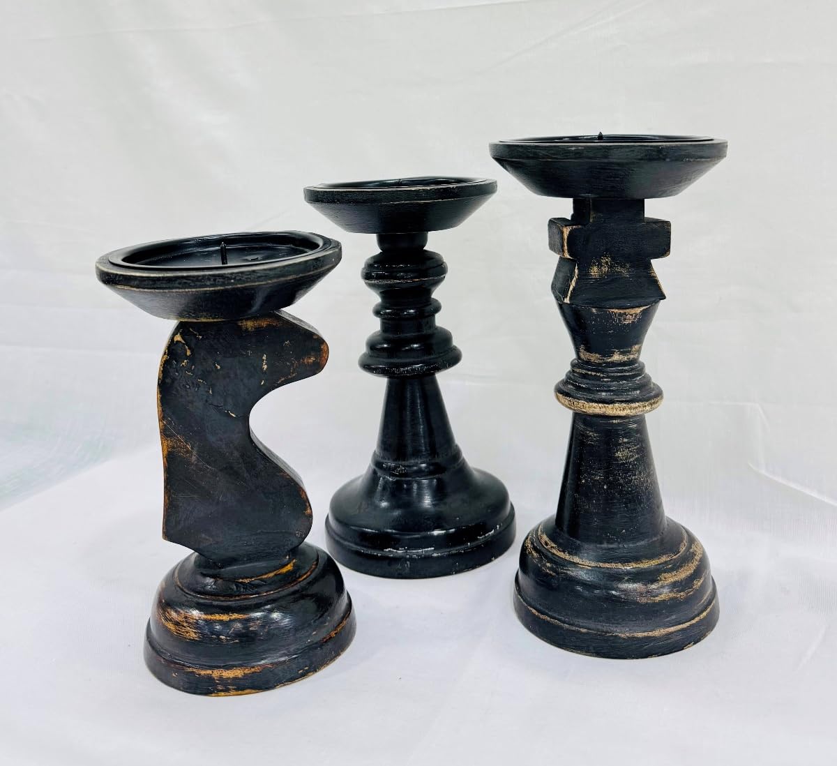 Wooden Black Candle Holders for Pillar Candles Farmhouse Wood Candle Holder Table Centerpiece Decor, Candle Holders Shaped Like Chess Pieces (Set of 3) 6.5X7X8 Inch,