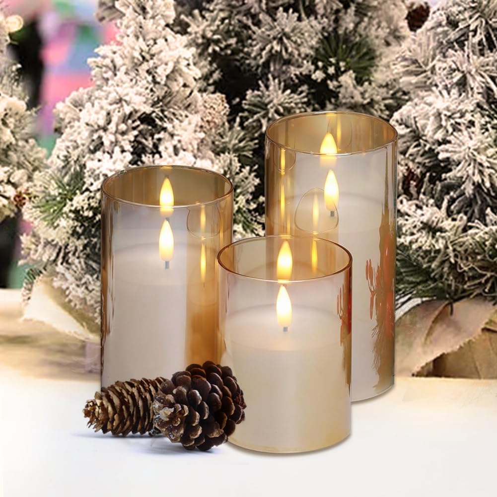 CANDLE CHOICE Real Wax Battery Operated Flameless Pillar Candles with Remote Timer Gold Glass Shell Realistic Black Wick Flickering Electric LED Lights Wedding Halloween Christmas Decorations 3 Pack