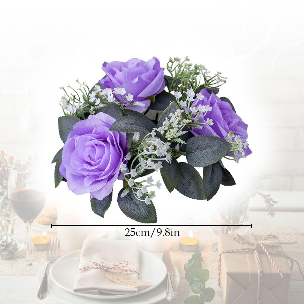2 Pack Artificial Rose Candle Rings,Floral Wreaths with Eucalyptus Leaves Greenery Garland for Pillar Candle Lantern Wedding Centerpiece Party Home Table Decor (Purple)