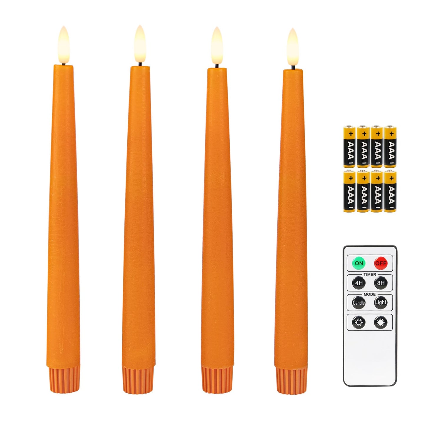 Fanna 9.6" Orange Real Wax Flameless Taper Candles with Timer, Battery Operated Led Candlesticks for Halloween, Harvest and Fall, Remote and Batteries Included - Set of 4