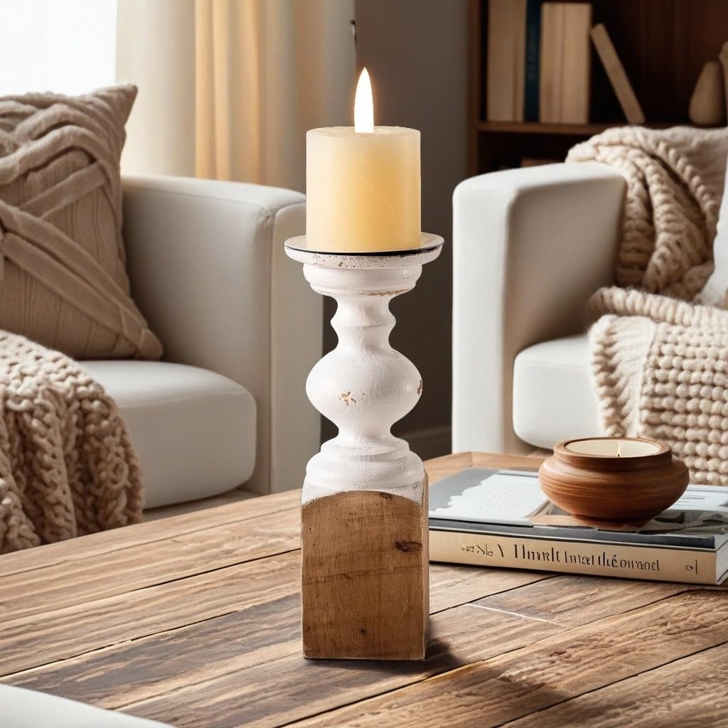 SOFE Wood Farmhouse Candle Holders, 11" Tall White Candle Holders for Pillar Candles, Rustic Candle Stand for Mantel, Coffee Centerpiece Table Decorations, Living Room, Dining Room Decor