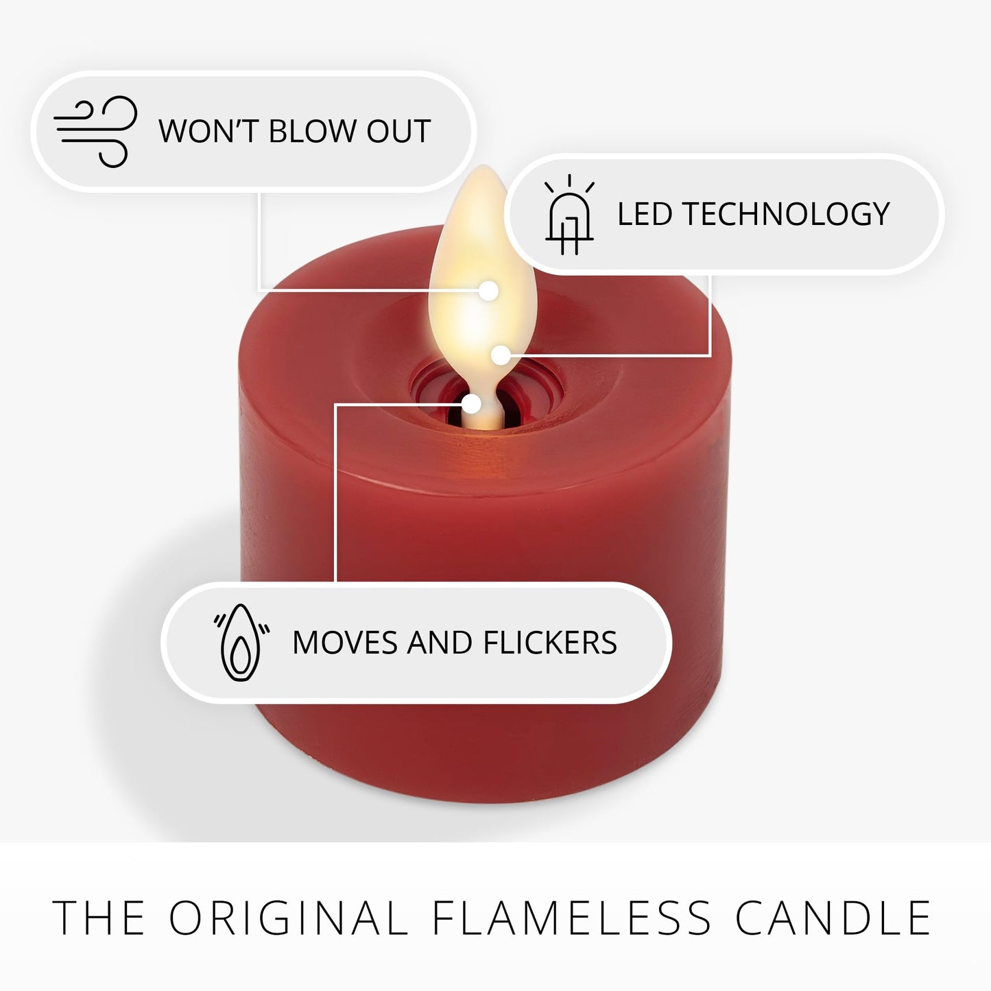 Luminara 2-Pack Moving Flame LED Flameless Tealight (2" x 2") Battery Operated Plastic LED Flameless Tea Light (Holiday Red)