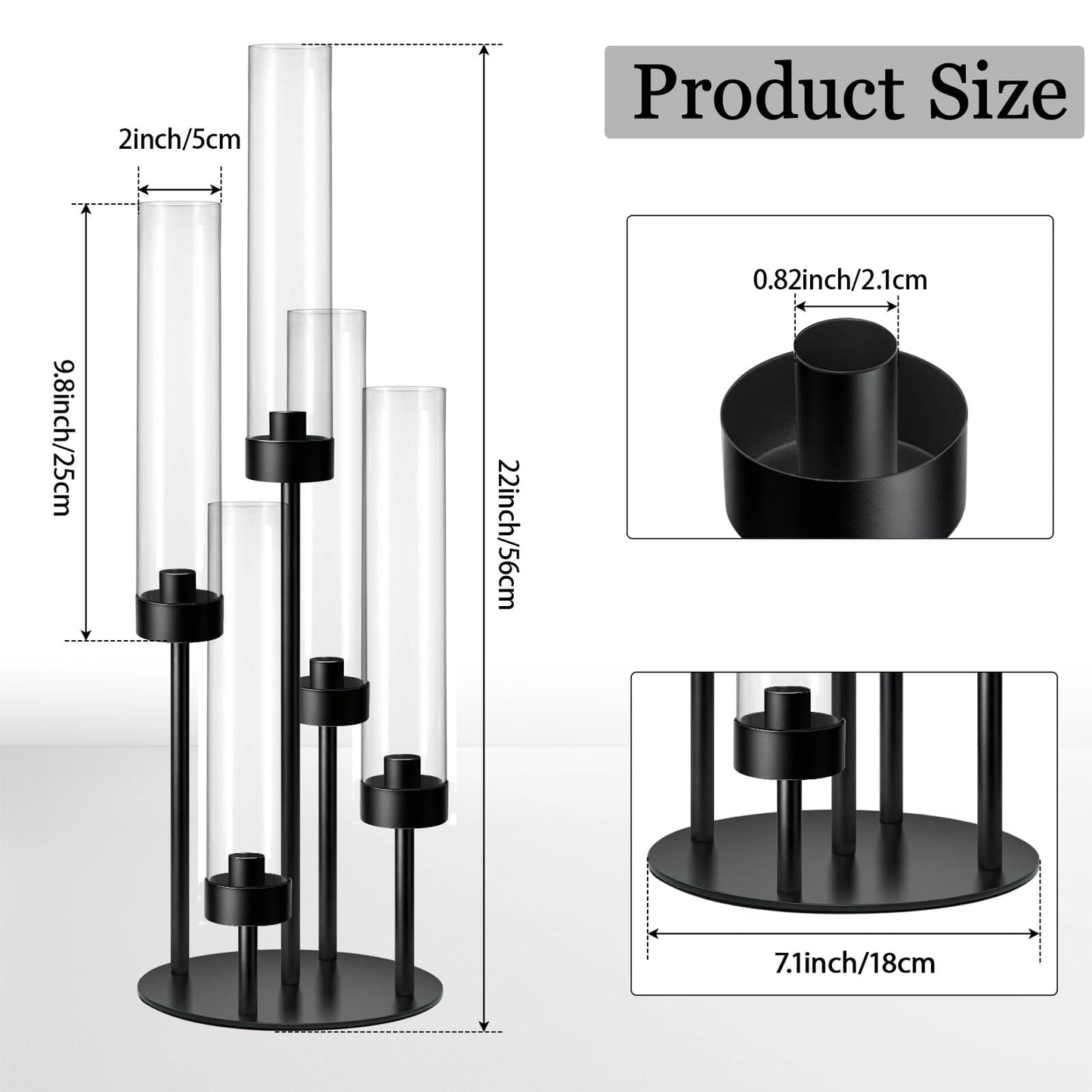 KEHAIL 2Pcs 5-Arm Black Metal Table Candelabra Centerpiece, 22" Tall Acrylic Clear Candlesticks Holder with Shade for Valentines Day Events Party Table Centerpiece,Fit LED Candles
