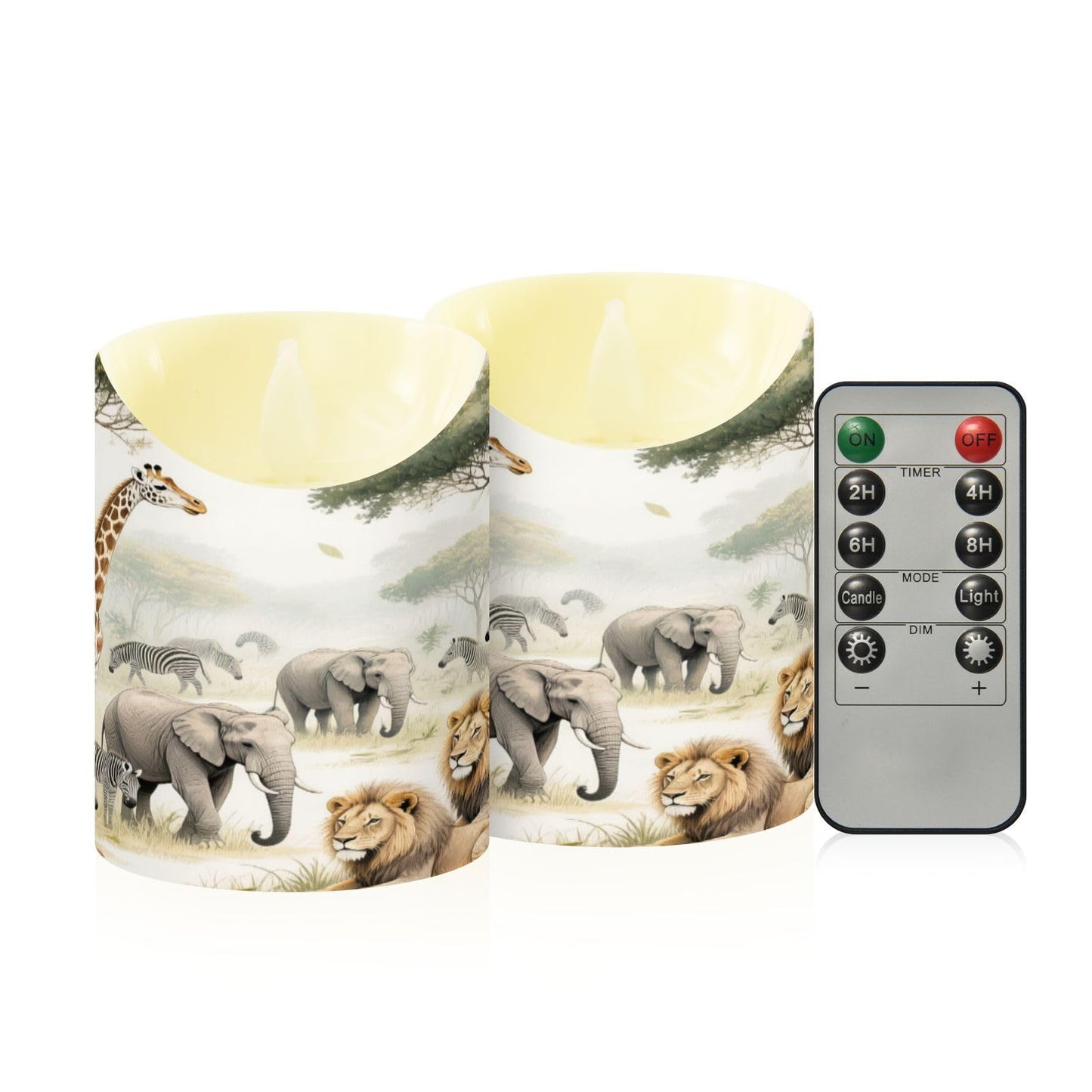 Gravopti Safari Animals 2 Pack Flameless LED Pillar Candles with Remote & Timer, Battery Operated, Flickering Wax Candle for Wedding, Romantic Home & Party Decor