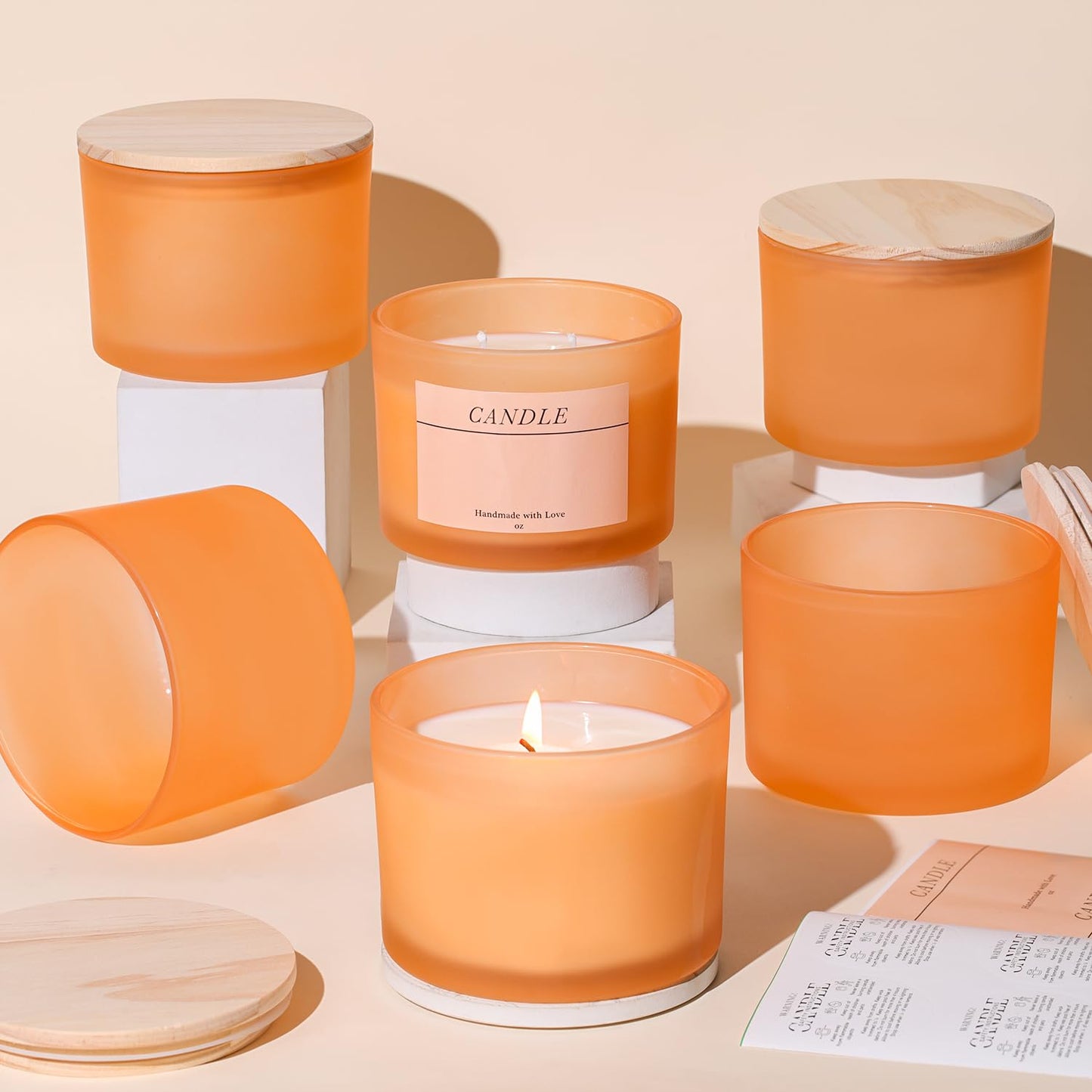 LAMORGIFT 6 Pack 16 OZ Orange Glass Candle Jars, Large Candles Jars for Making Candles, Frosted Candle Containers Vessels Bulk with Lids and Labels for DIY/Home Decor/Holiday Gift Crafting