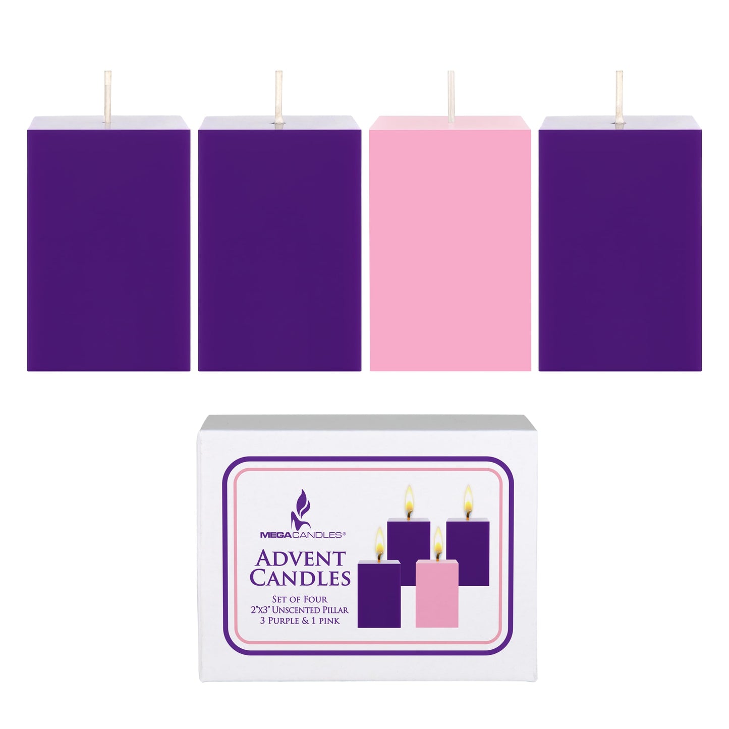 Mega Candles 4 pcs Unscented Christmas Advent Candles Set, Hand Poured Premium Wax Square Pillar Candle 2 Inch x 3 Inch, Holidays, Occasions, Events, Festivitiess, Devotional, Church, Wreath, Gifts