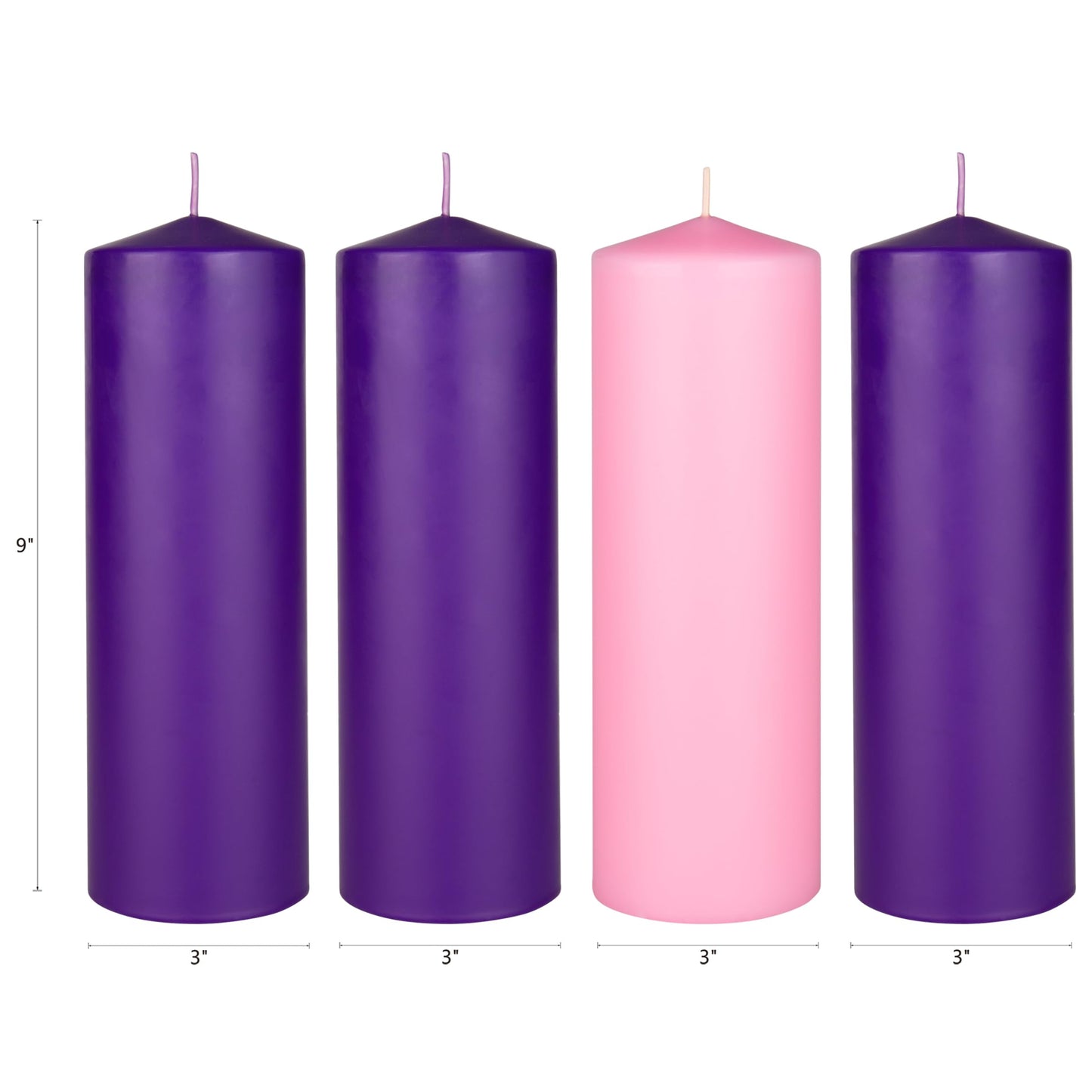Mega Candles 4 pcs Unscented Christmas Advent Candles Set, Hand Poured Premium Wax Dome Top Round Pillar Candle 3 Inch x 9 Inch, Holidays, Festivities, Devotional, Church, Wreath, Party, Gifts