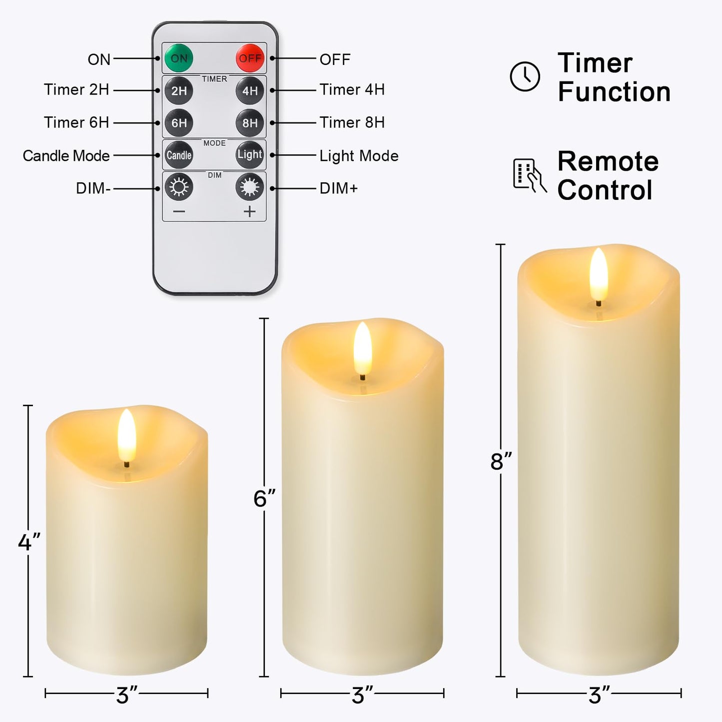 Outdoor Flameless Candles with Remote Timer - Waterproof Realistic Flickering LED Pillar Electric Battery Operated Fake Candle for Home Patio Wedding Fireplace Decor - Ivory 3 Pack (D3”H4”6”8”)