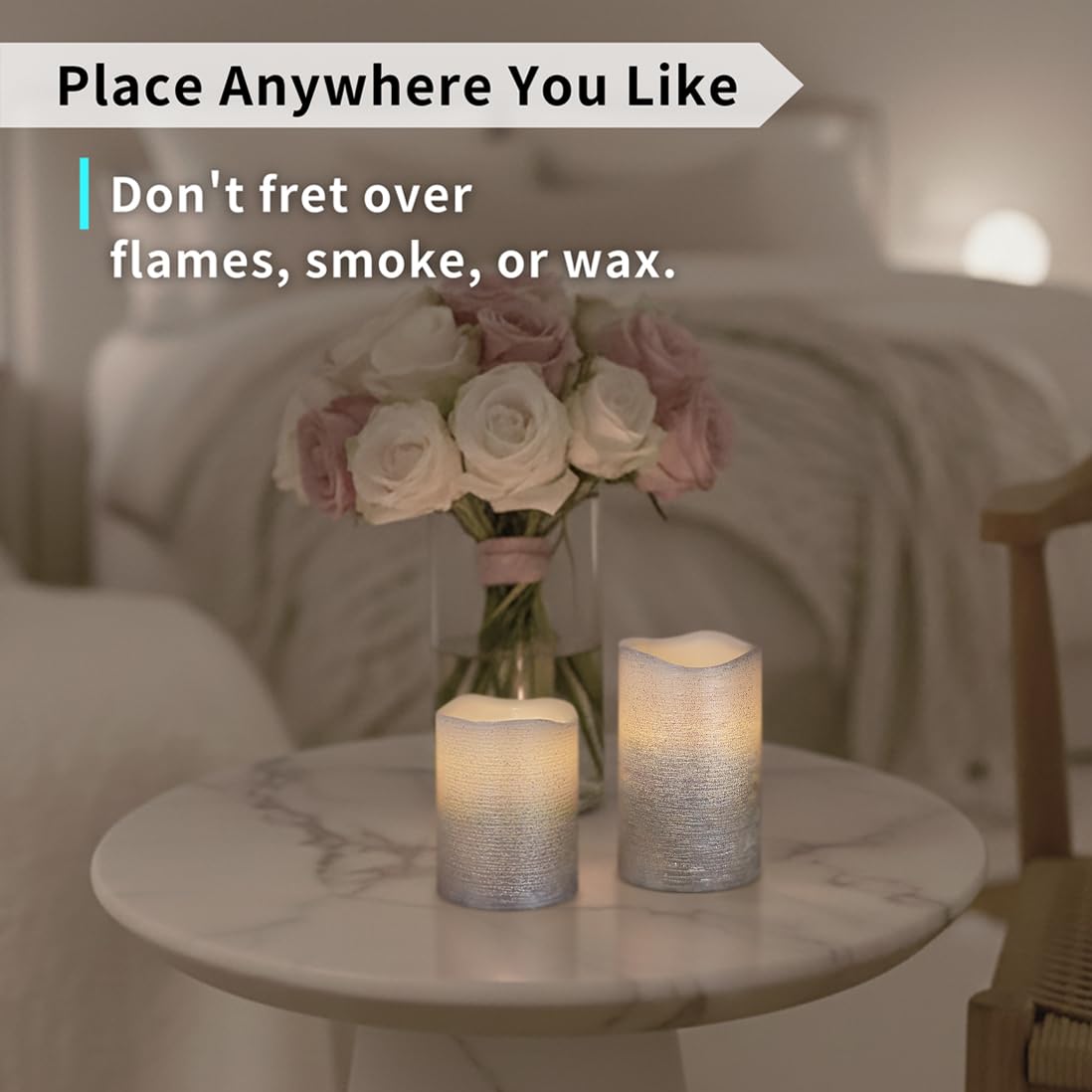FURORA LIGHTING Silver Glitter Flameless Pillar Candles - Real Wax, 5/19 Auto Timer, Set of 3 (3x4, 3x5, 3x6), Batteries Included, Home Decor