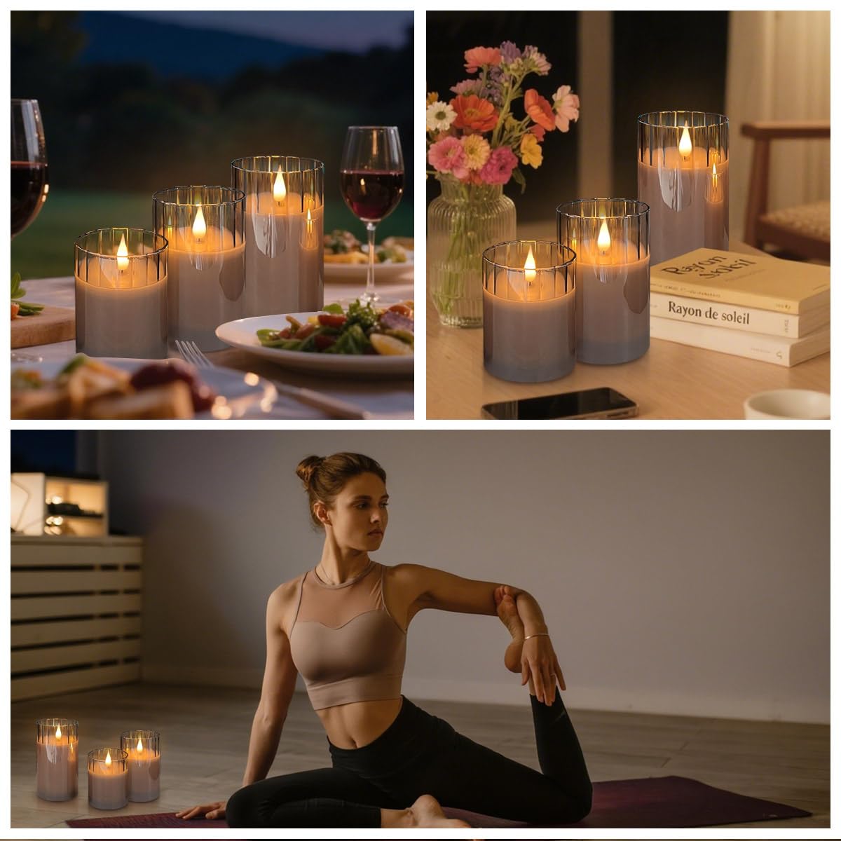 LEDHOLYT Rechargeable Flameless Candle, Flashing LED Pillar Real Wax Candle with Remote Control and Timer, Grey Stripes Glass Electronic Candles for Room Decoration, 1 Set of 3