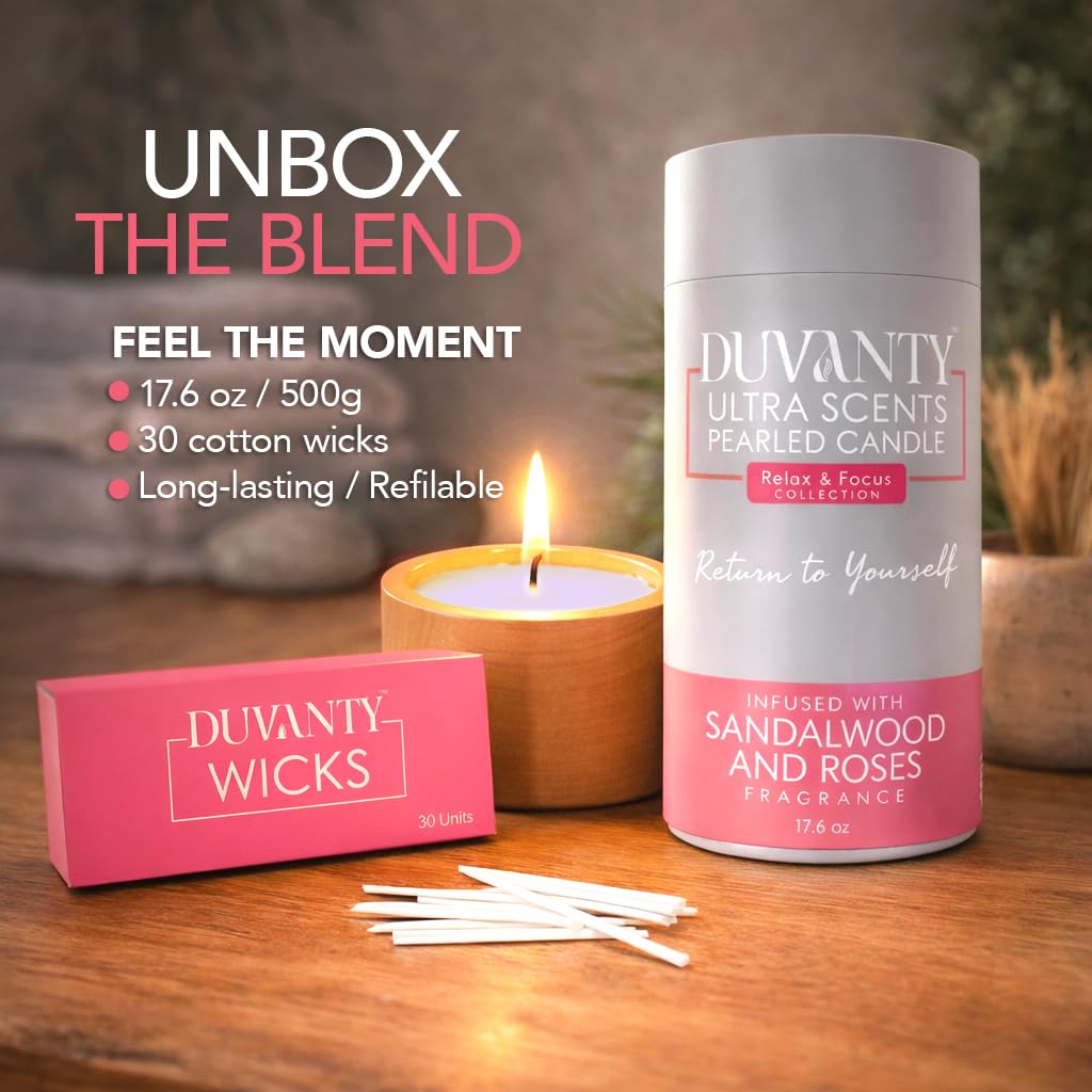 Duvanty Relax & Focus Pearled Candle Sand with Wicks – Sandalwood & Roses Scented Candle for Elegant Home Ambiance, Decorative Wax Beads & Cozy Evening Rituals, 17.6 oz