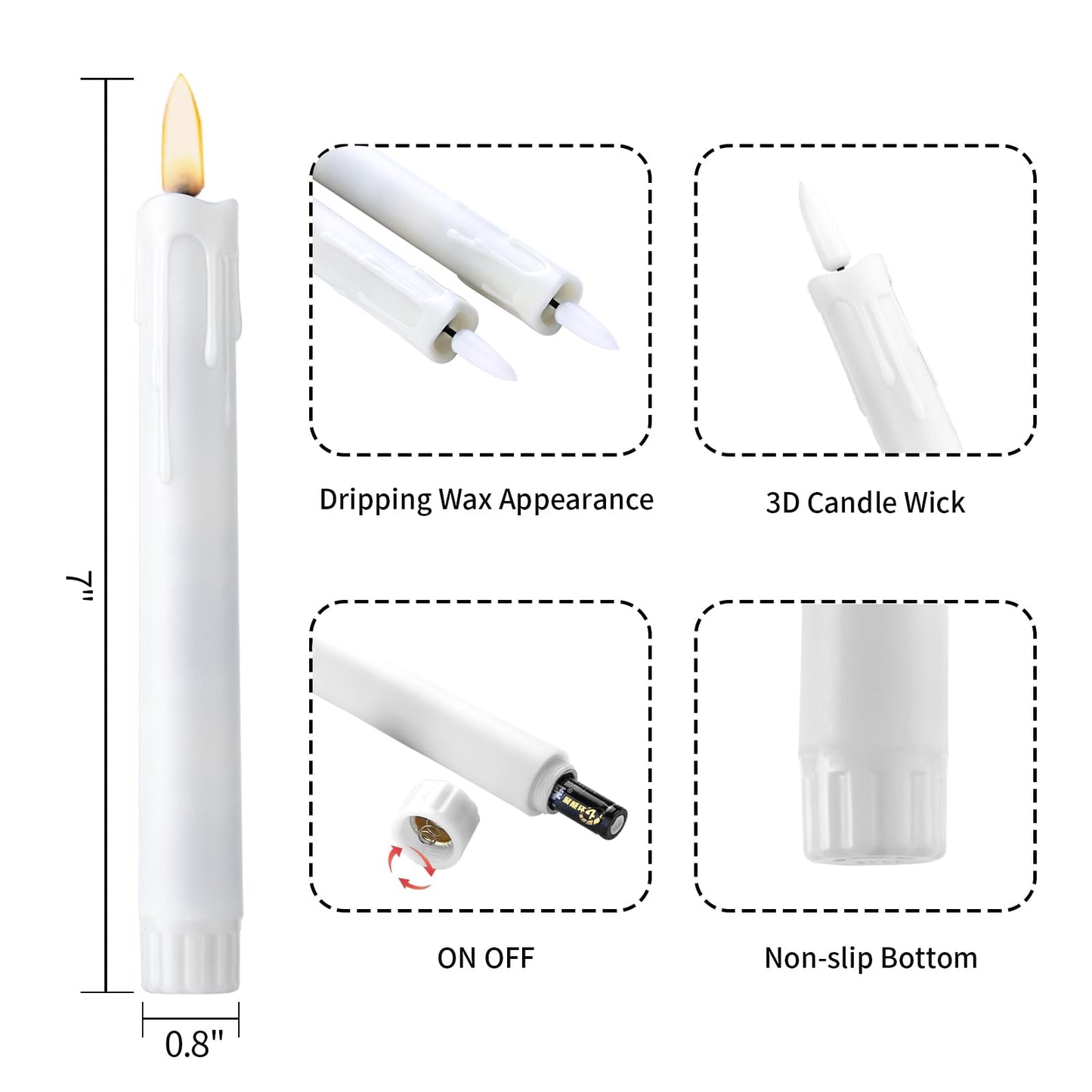 YBU Flameless Taper Candles with Remote 7 Inches Led Candle Sticks with Flickering Light Timer Dimmer Battery Operated Window Candles for Halloween Christmas Decoration 6 Pcs, White