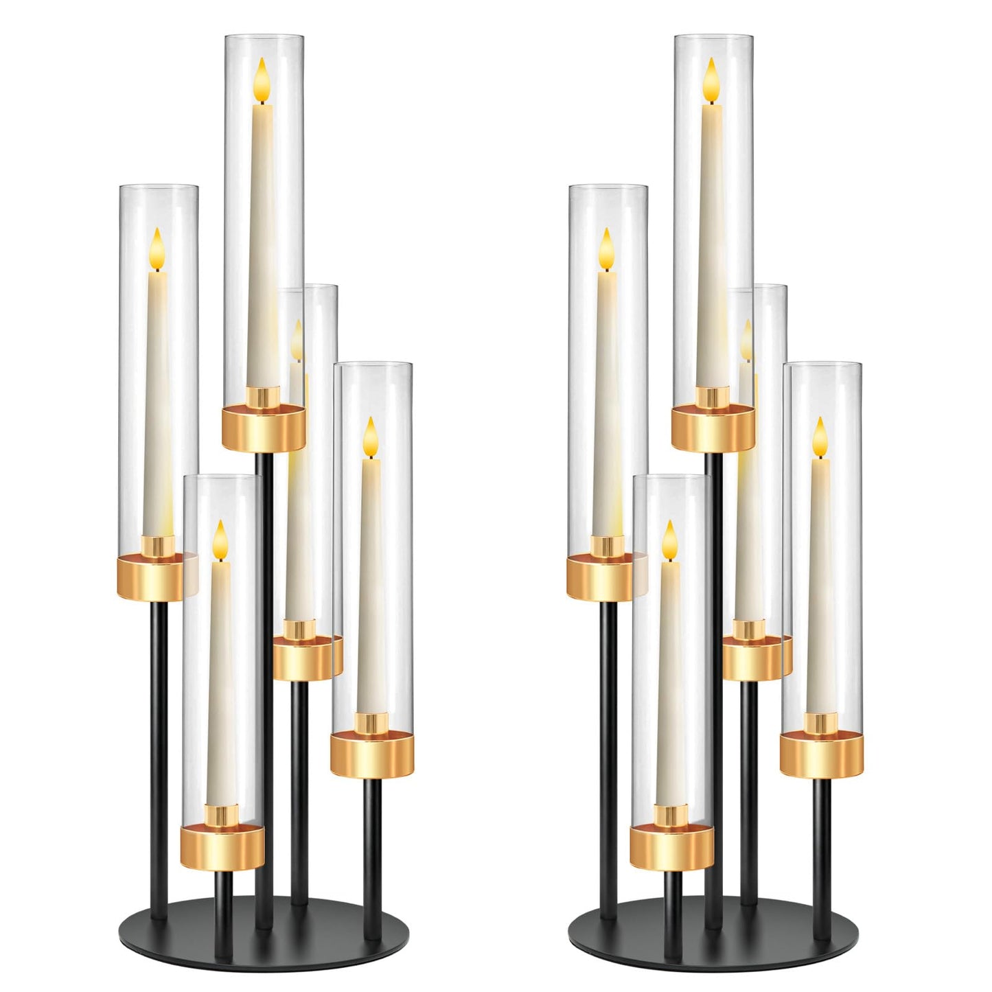 KEHAIL 2 PCS 5-Arm Black+Gold Metal Table Candelabra Centerpiece, 22" Tall Clear Acrylic Candlesticks Holder with Shade for Valentines Day Events Party Table Centerpiece,Fit LED Candles