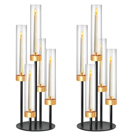 KEHAIL 2 PCS 5-Arm Black+Gold Metal Table Candelabra Centerpiece, 22" Tall Clear Acrylic Candlesticks Holder with Shade for Valentines Day Events Party Table Centerpiece,Fit LED Candles