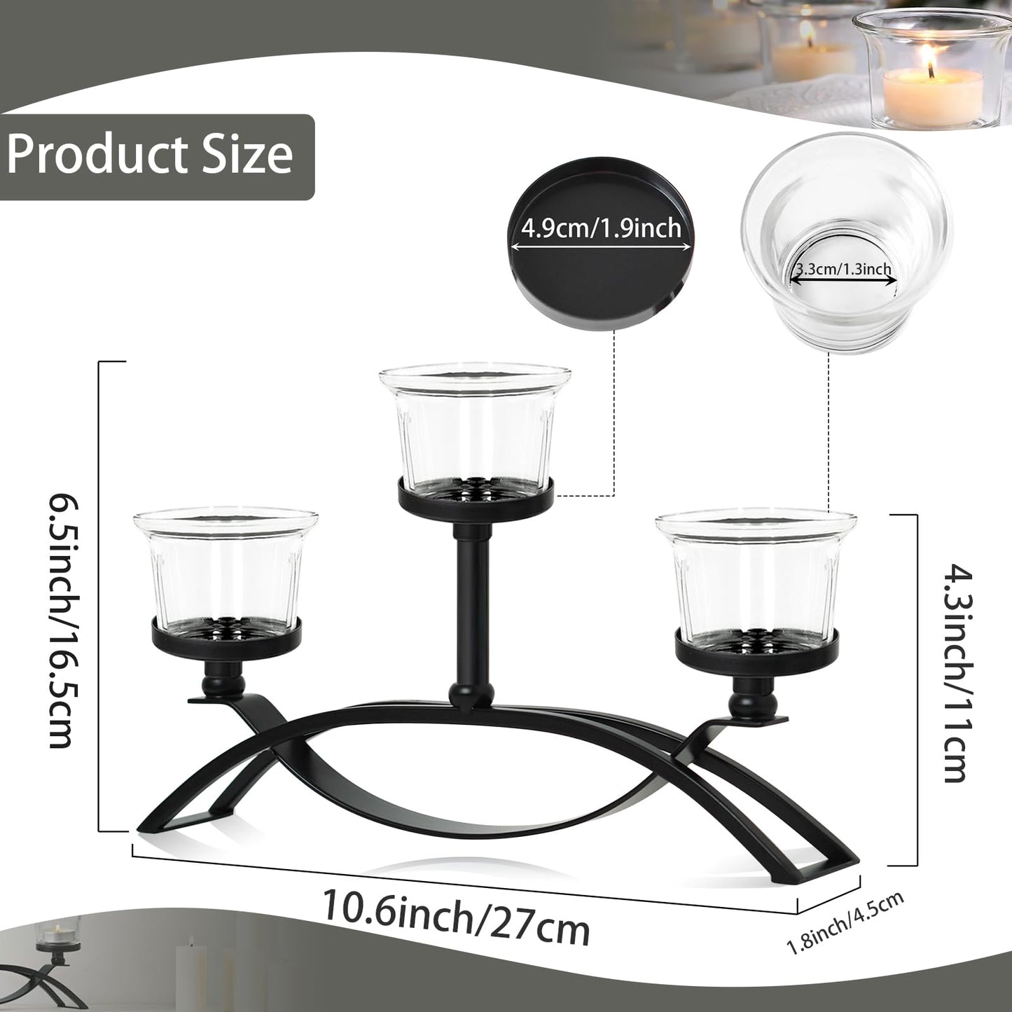 3-Arm Metal Tea Light Candle Holder Set with 5 Glass Cups, Votive Candle Holders Centerpiece Candelabra for Wedding Table Decor, Home Gatherings and Holidays (Black, 3 Cups-2 Pcs)