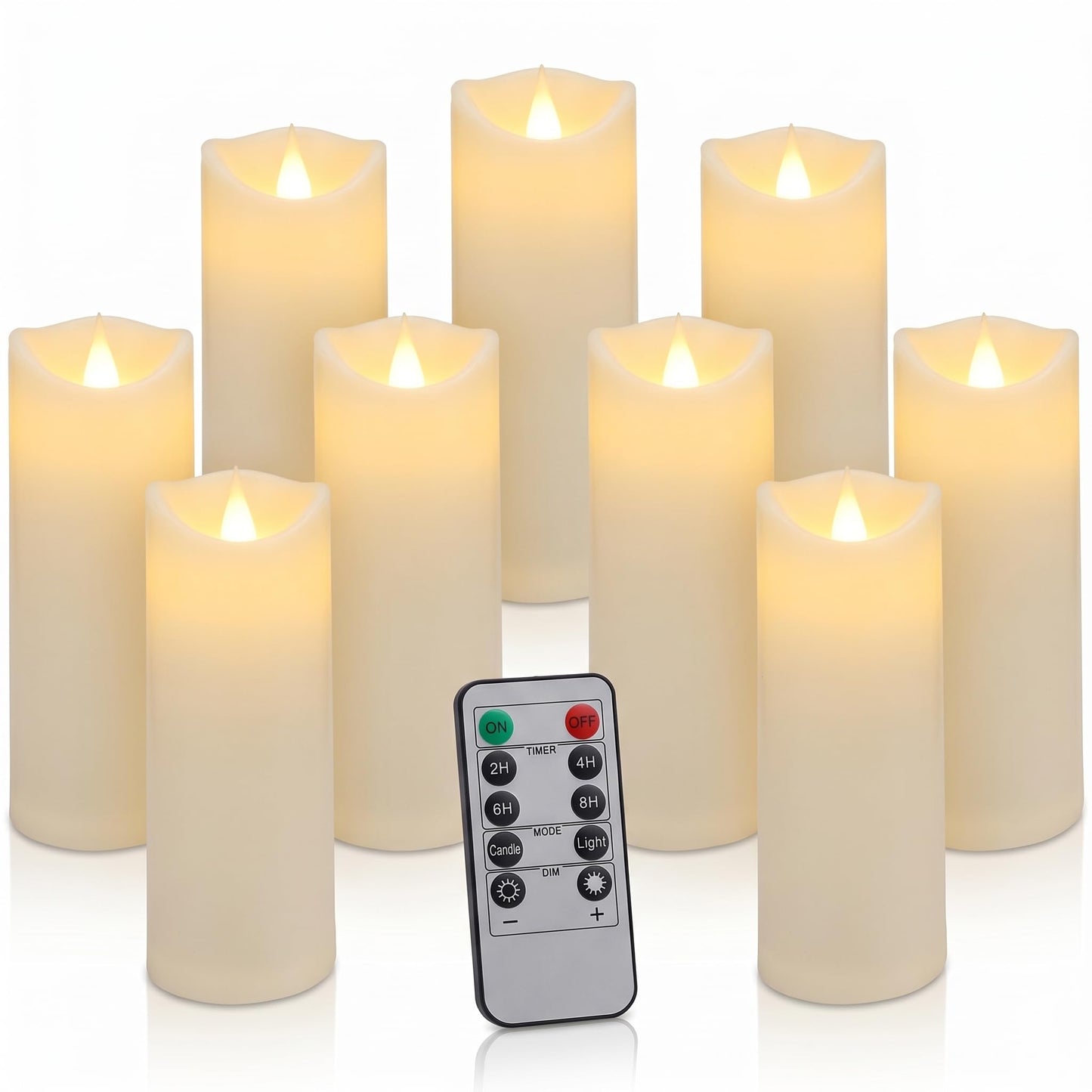 Enido 9pcs Flameless Candles with Remote, 2.2" x 5/6/7" Heat-Resistant Plastic LED Pillar Candles, Battery Operated Moving Wick Fake Candles with Timer, Realistic for Wedding, Outdoor, Home Decor