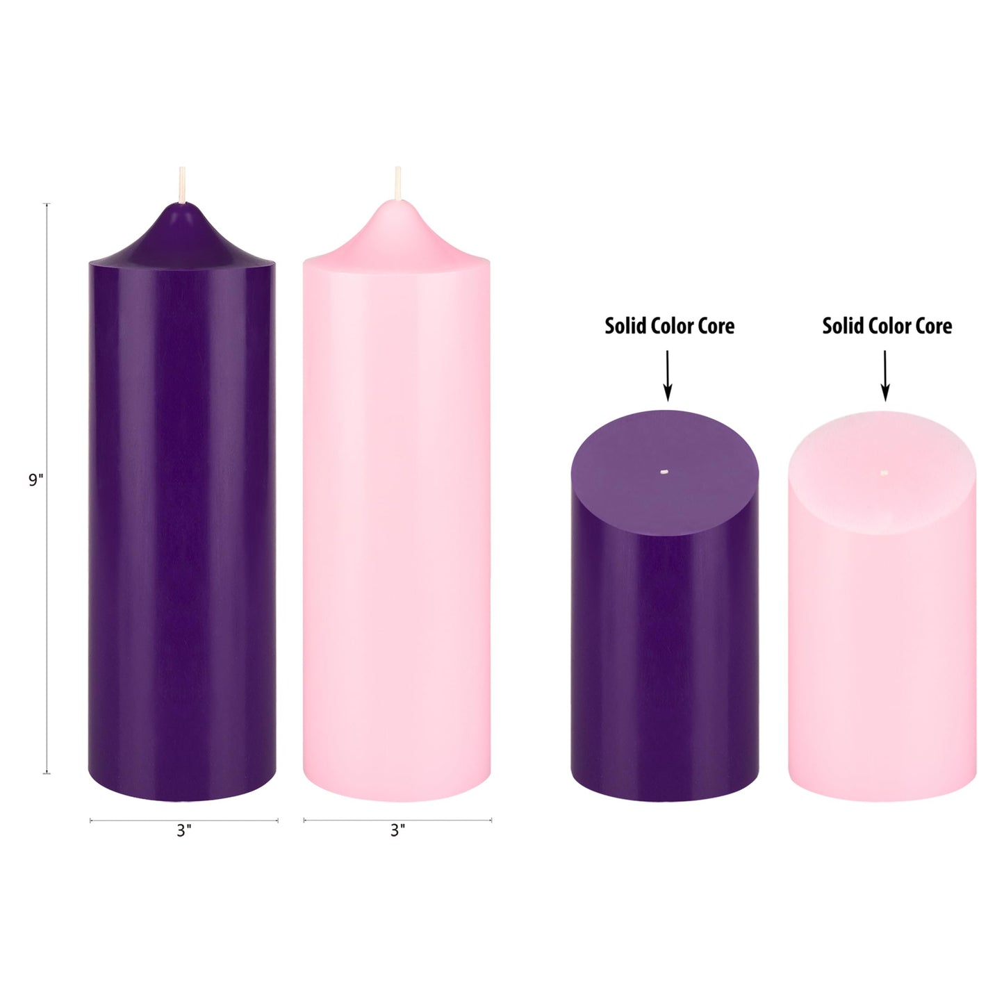 Mega Candles 4 pcs Unscented Christmas Advent Candles Set, Hand Poured Premium Wax Bell Top Round Pillar Candle 3 Inch x 9 Inch, Holidays, Festivities, Devotional, Church, Wreath, Party, Gifts