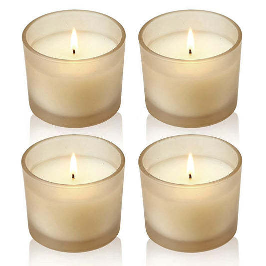 Set of 4 White Unscented Soy Candles,Warm Beige Glass Votive Candles, Hand-Poured Wax Candles for Home Décor, Aromatherapy, Spa, Holidays, Parties, and Weddings 10-12 Hours Burn Time (Warm Beige)