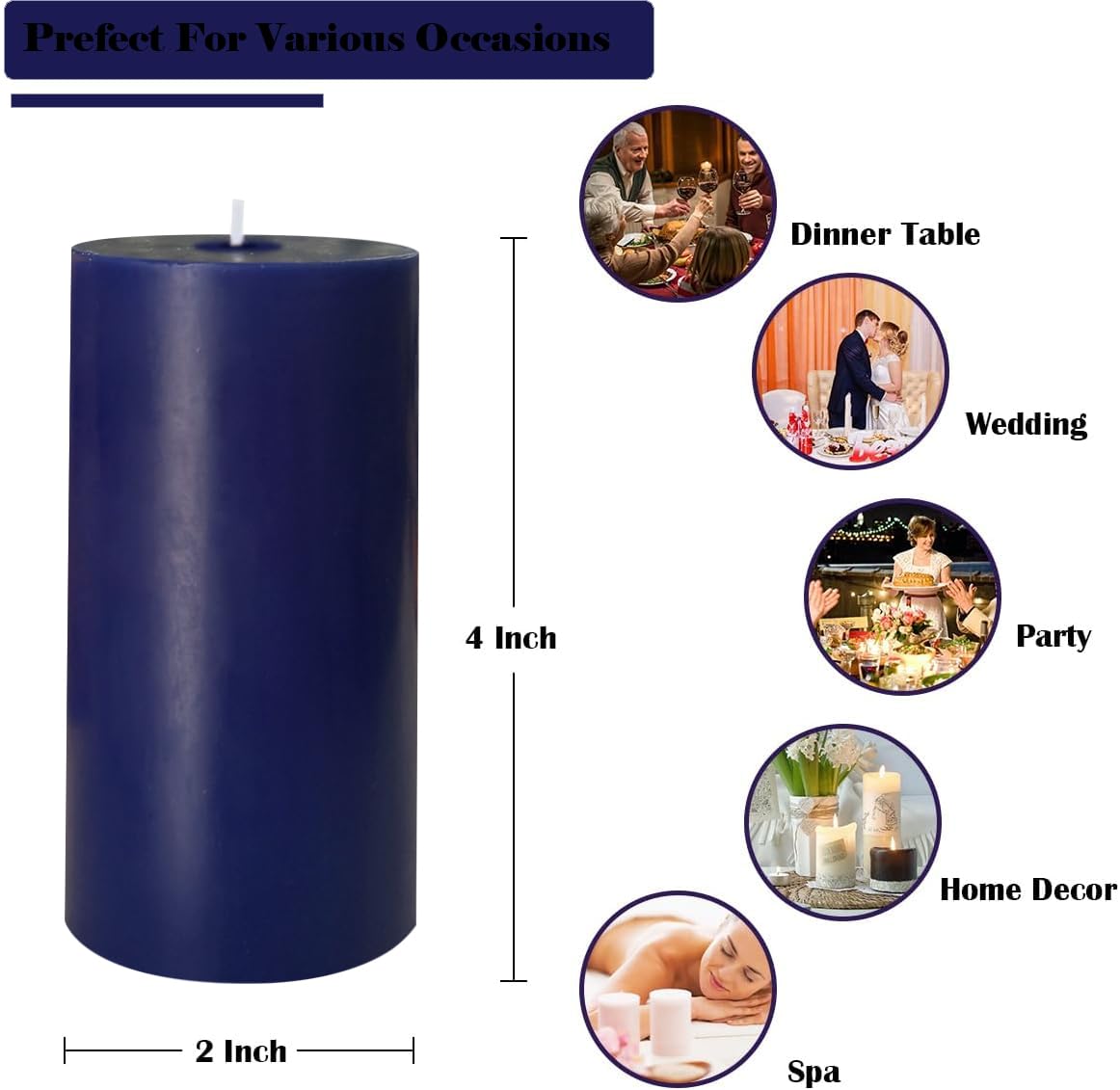 4 Pack Navy-Blue Pillar Candles, 2x4 Inch, Long-Lasting, Dripless and Smokeless Unscented Candles, Ideal for Home Décor, Parties Weddings and Relaxation