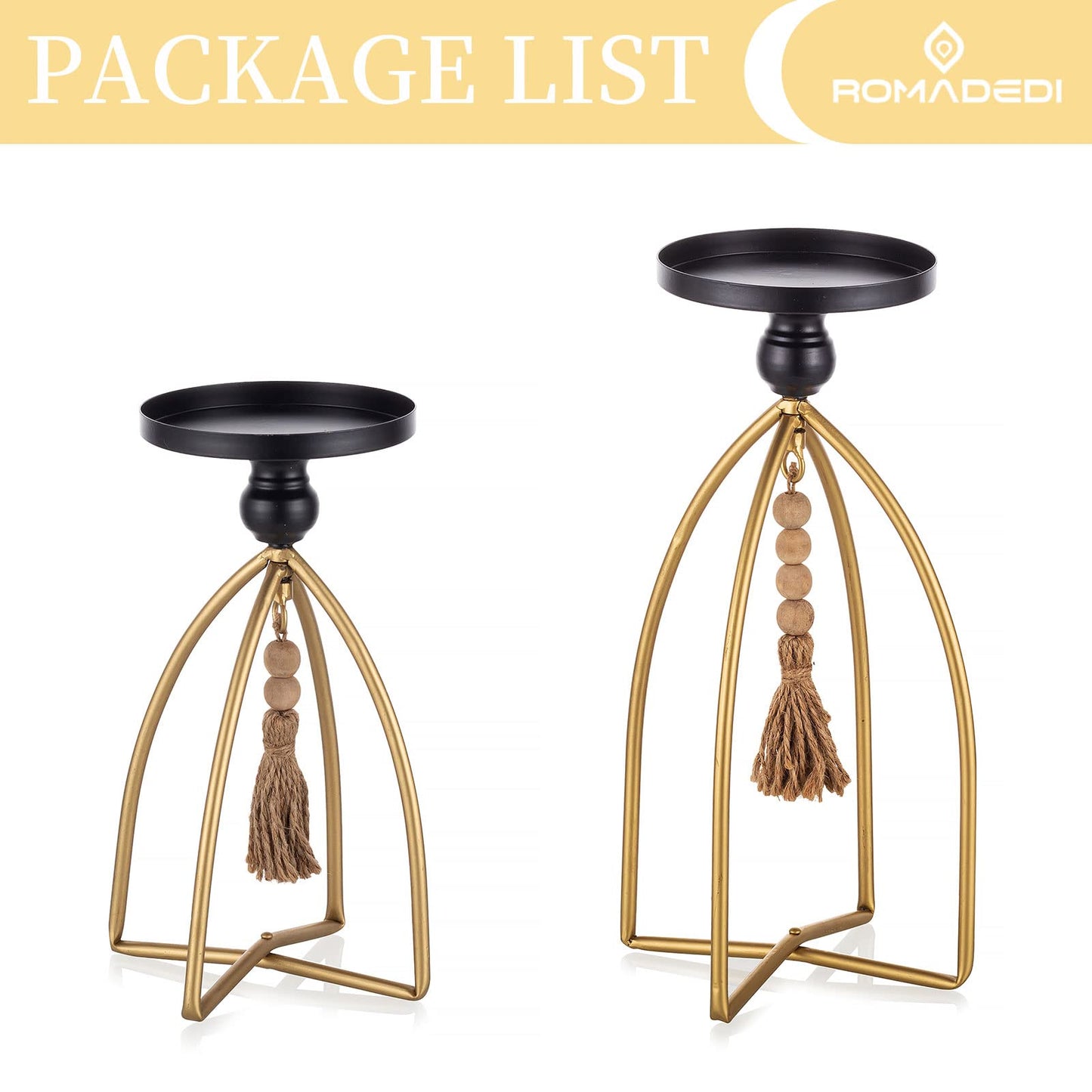 Romadedi Candle Holder Boho Decor - Set of 2 Metal Pillar Candle Stand with Beads for Living Room Mantle Shelf Farmhouse Table Centerpiece for Rustic Chic Home Decoration