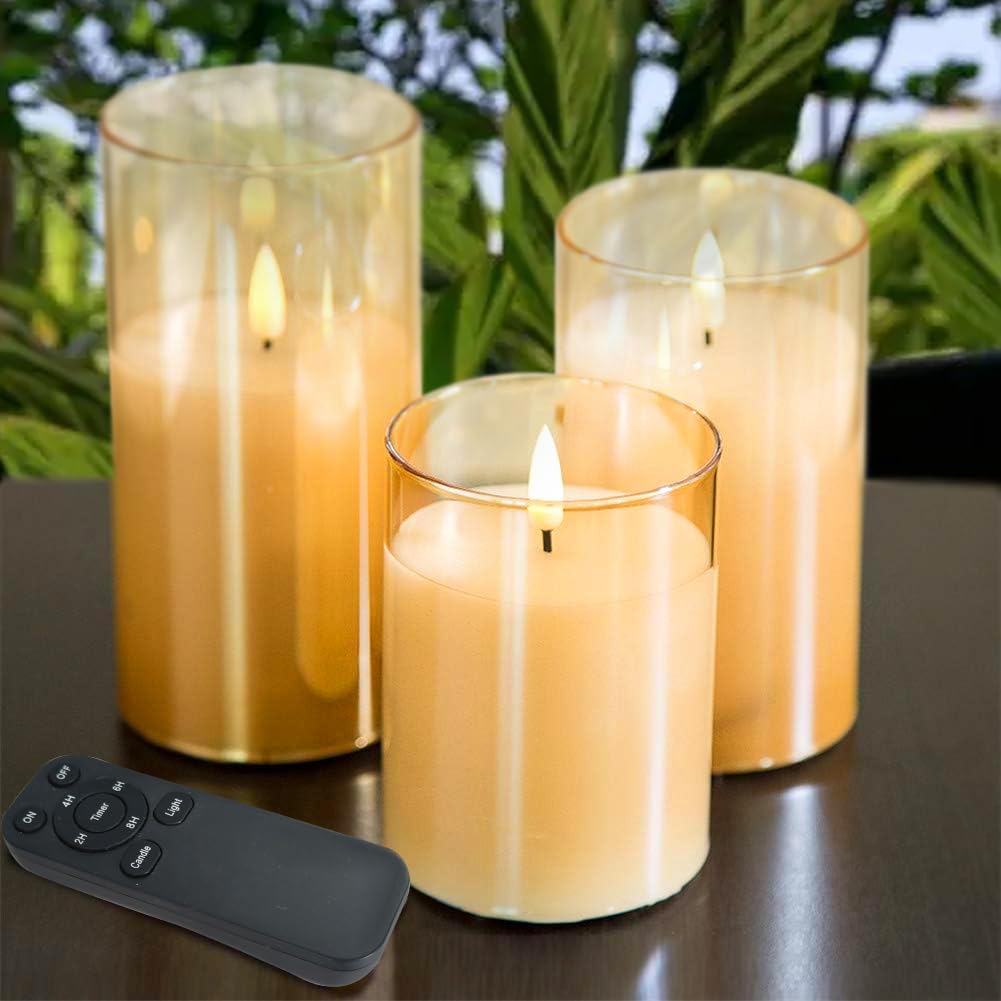 CANDLE CHOICE Real Wax Battery Operated Flameless Pillar Candles with Remote Timer Gold Glass Shell Realistic Black Wick Flickering Electric LED Lights Wedding Halloween Christmas Decorations 3 Pack