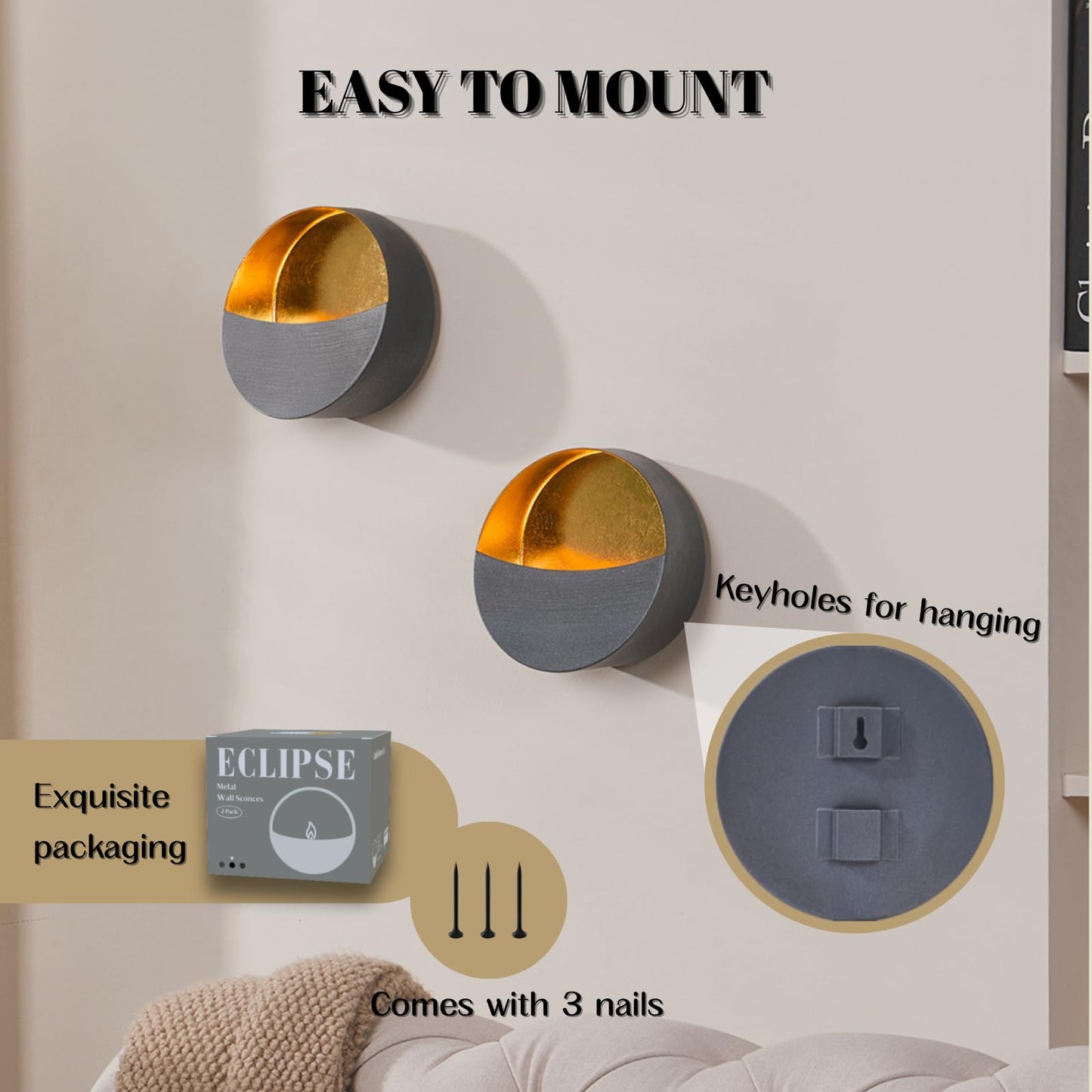 Eclipse Candle Sconces Set of 2 - Modern Gray Metallic Wall Candle Holders with Gold Foil Interior, Christmas Wall Decor for Living Room, Bedroom, or Modern Farmhouse Decor