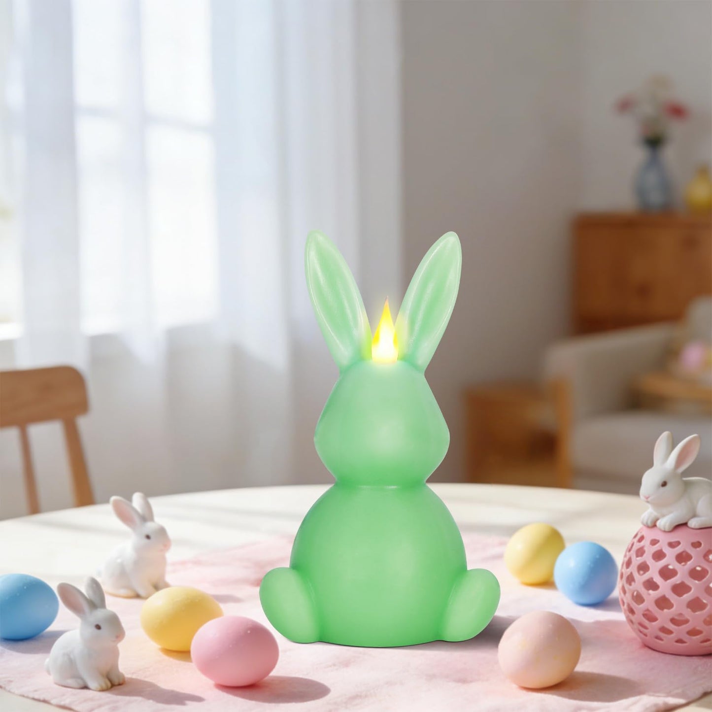 Leorate Green Easter Bunny Flameless Candle,Real Wax Carved LED Candle,Scented Bunny Shape Flame Candle Set for Home Living Room Bedroom Party Decoration Centerpiece Table Home Decor