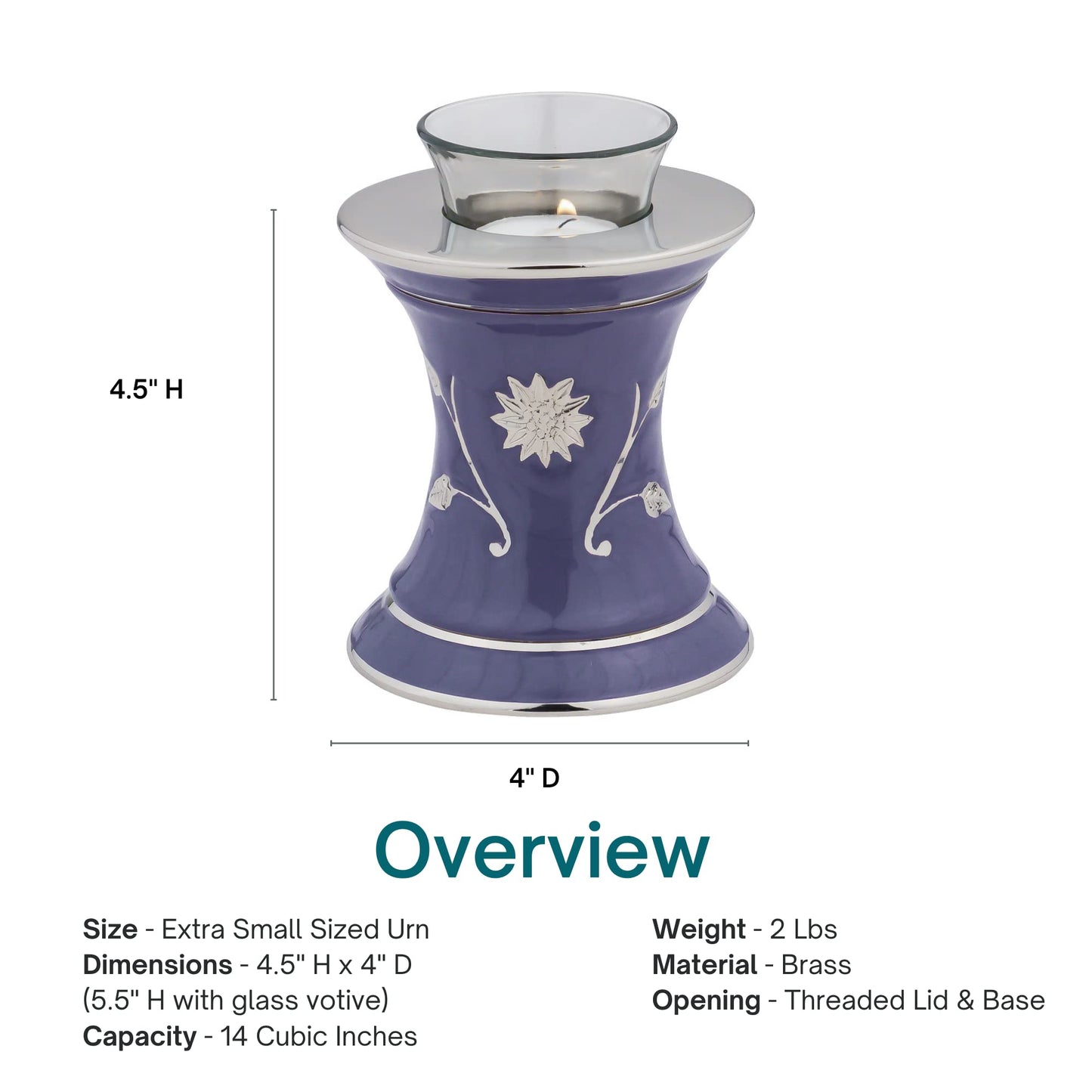 Grace Lavender Blue Tealight Cremation Urn for Ashes, Brass Memorial Candle, Purple and Silver, Extra Small Sized Cremation Urn, 5.5 Inches High