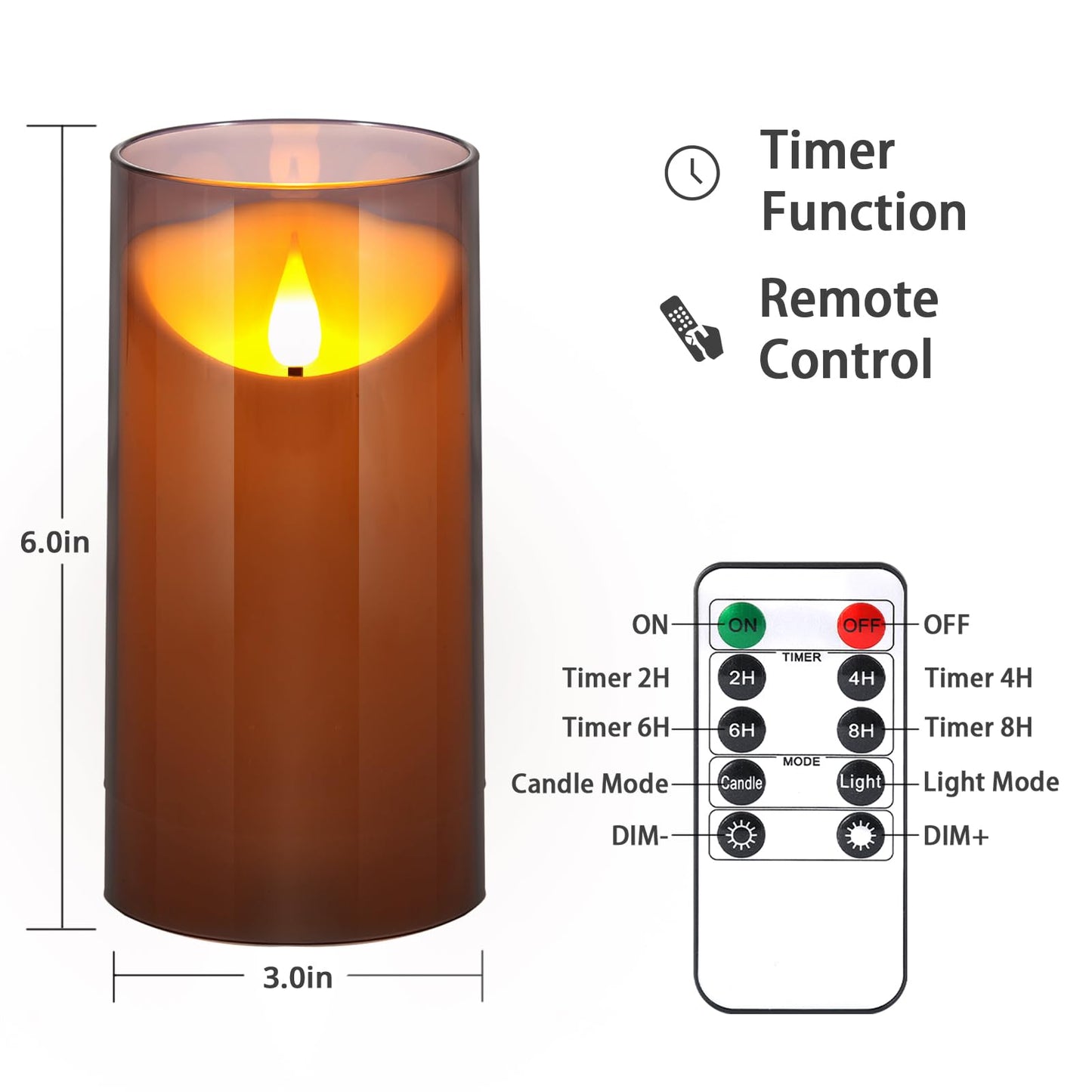 NURADA Flameless Candles with Remote Timer: 3D Wick Battery Operated Led Pillar Candle Unbreakable Acrylic Fake Candle Set for Home Decoration Romantic Ambiance- Grey 2 Pack