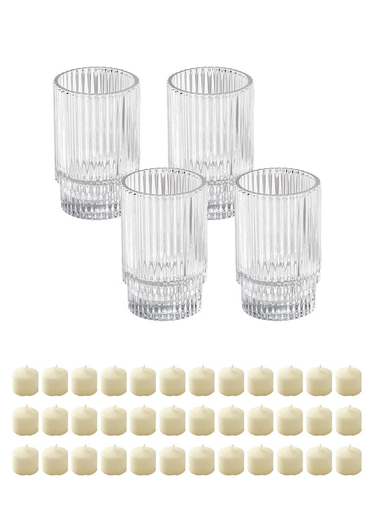 Serene Spaces Living Set of 4 Ribbed Glass Votive Holders & 10-Hour Ivory Votive Candles Set of 36 Bundle – Elegant Pleated Candle Holders & Long-Burning Unscented Tea Light Candles