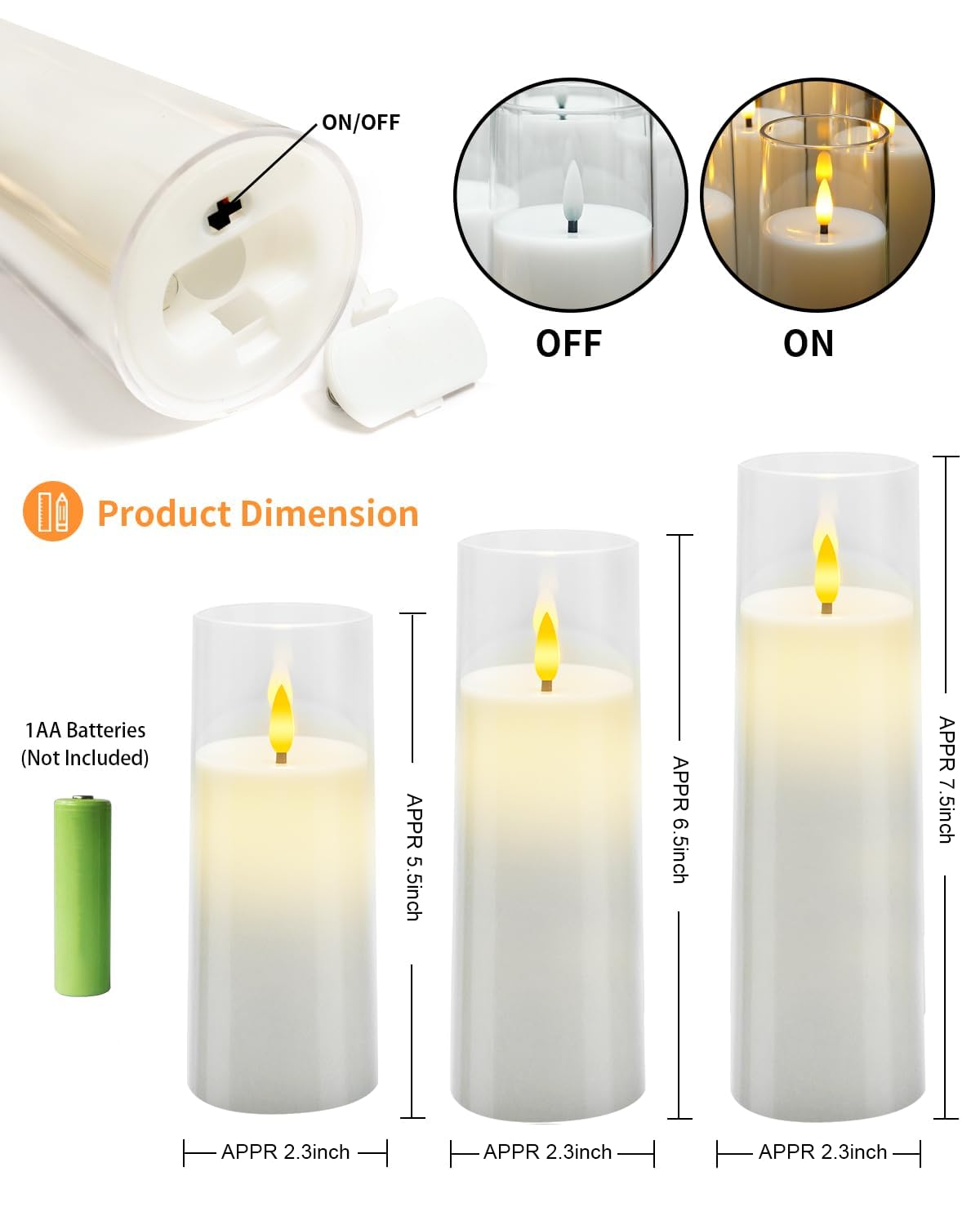 kakoya Flickering Flameless Candles Battery Operated with Remote and 2/4/6/8 H Timer Acrylic Led Pillar Candles Pack of 9 (appr D2.3"xH5.5"6.5"7.5")with Realistic 3D Wick Candles for Home Decor(White)