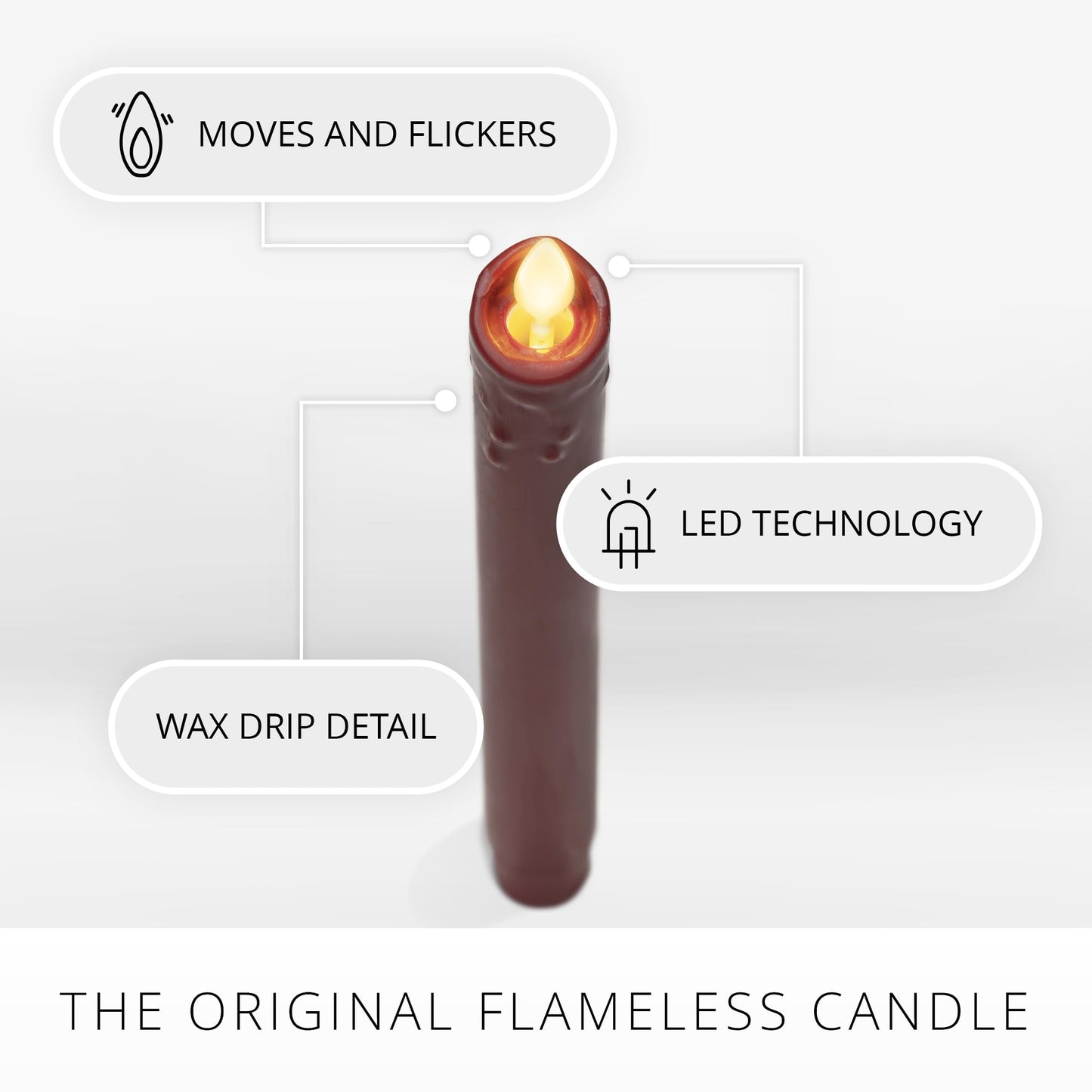 Luminara Burgundy Set of 2 Wax Drip Flameless Candle Tapers (1 x 9.5 inch), Moving Flame LED Candle Unscented Real Wax with Dripped Top Timer Function, Table, Mantel, Holiday Decoration