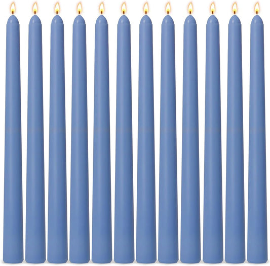 12-Pack Dusty-Blue Taper Candles, 10 Inch Unscented Dripless Candlesticks, Long-Lasting Burn Time of 7-8 Hours, Perfect for Home Décor Dinner Party Meditation