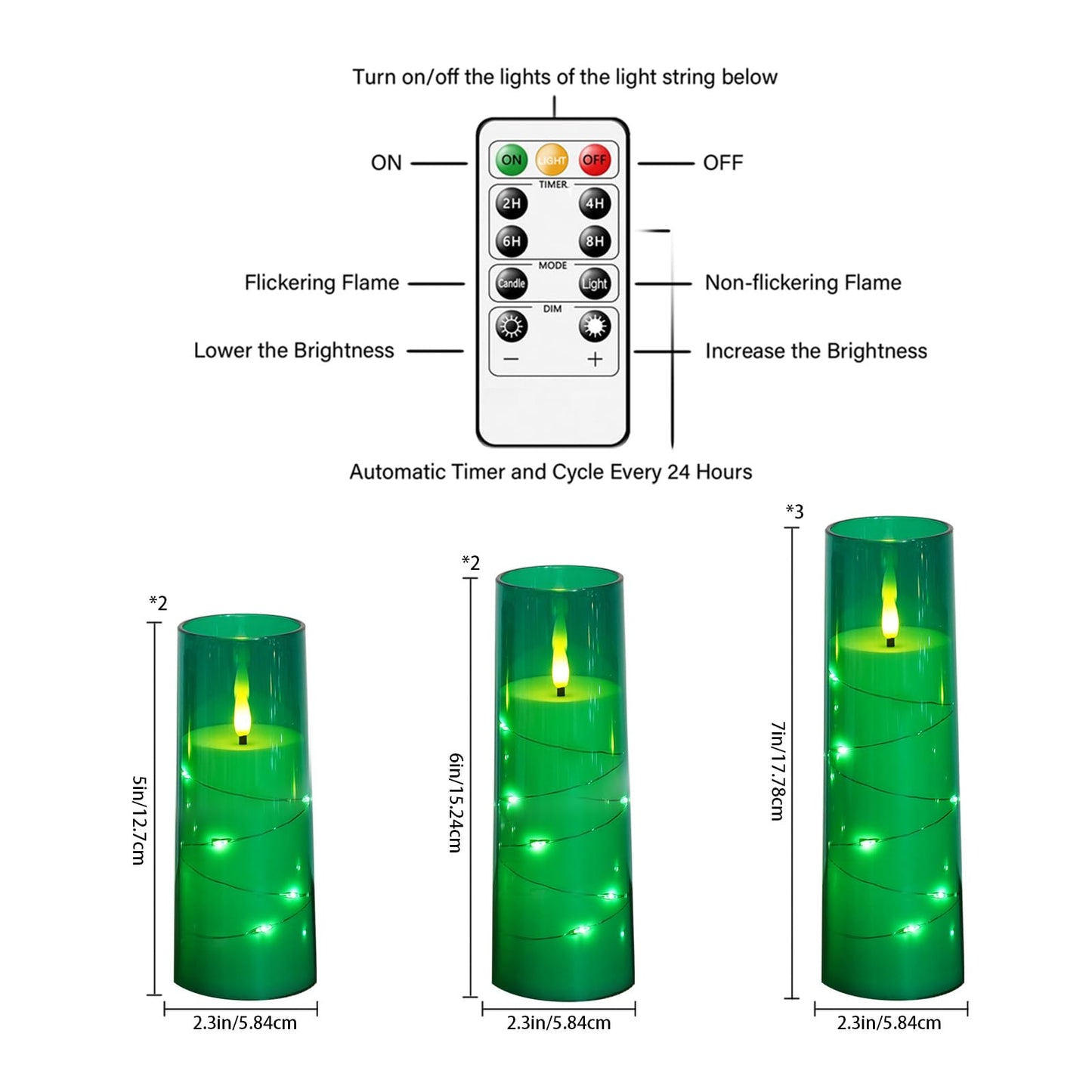 Eebuss Flameless Candles with Embedded Star String, Battery Operated LED Pillar Candles with Timer and Remote Control,Home Decorating for Ambiance， Set of 7 (Green)