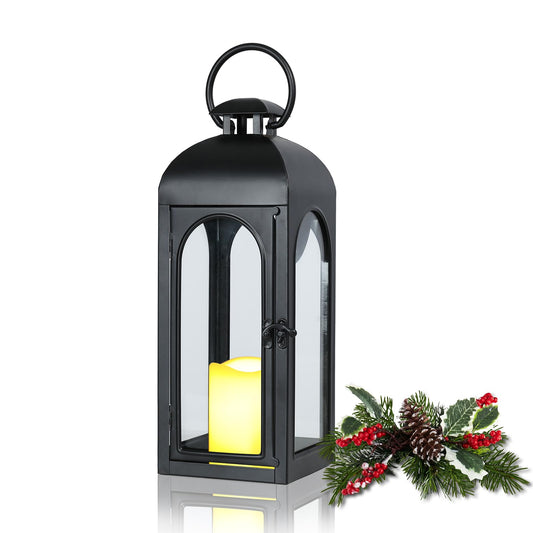 Taman Candle Lantern with Led Flameless Candle (6hr Timer), 1-Pack 14" Metal Vintage Candle Lantern Light Battery Operated for Outdoor Patio Garden, Tabletop,Party Decor