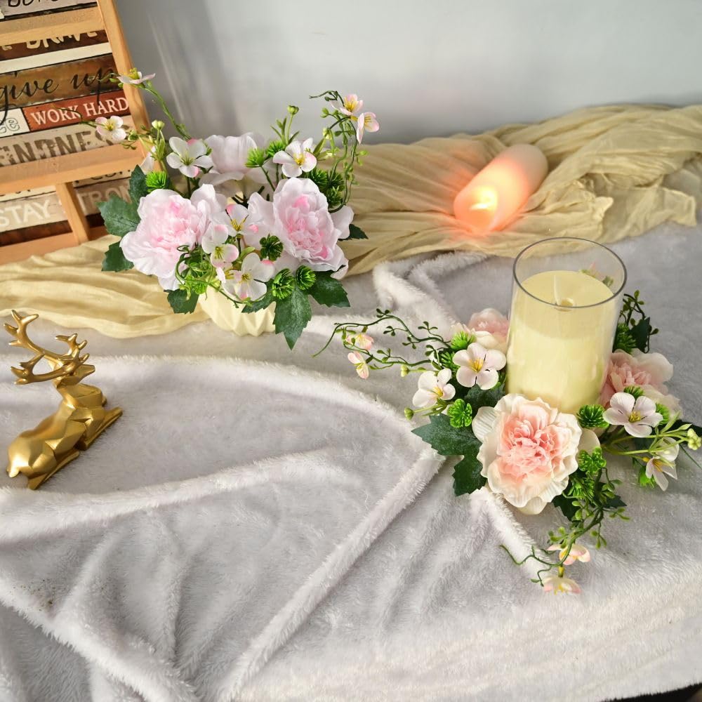 Set of 4 Artificial Peony Flower Candle Rings Wreaths 3 Inch Center Small Floral Spring Candle Rings for Pillars Wedding Home Table Centerpiece Decor (Pink B)