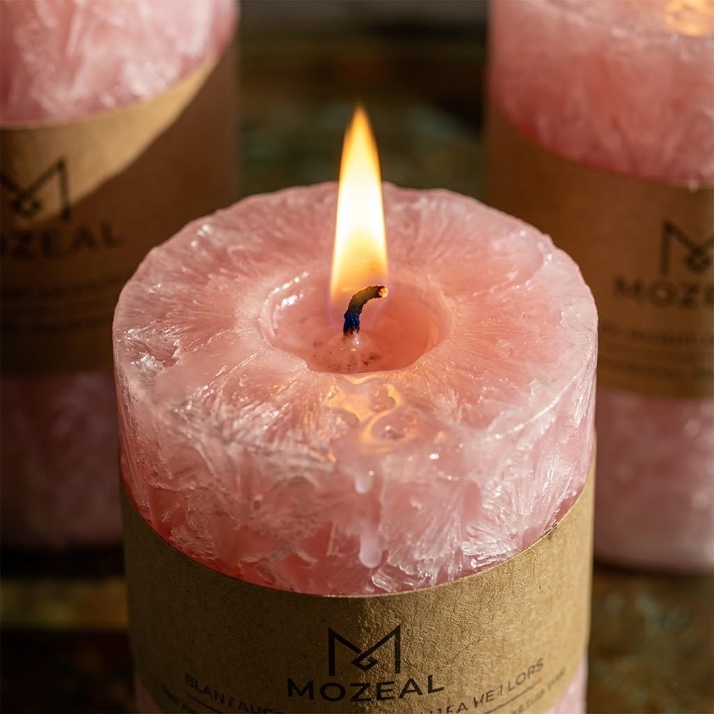 MOZEAL Hand-Poured, Unscented Pink Crystal Pillar Decorative Candles, Elegant Set of 3 in Different Sizes (3"x4", 3"x5", 3"x6"), Luxurious Décor for Spring Homes & Events