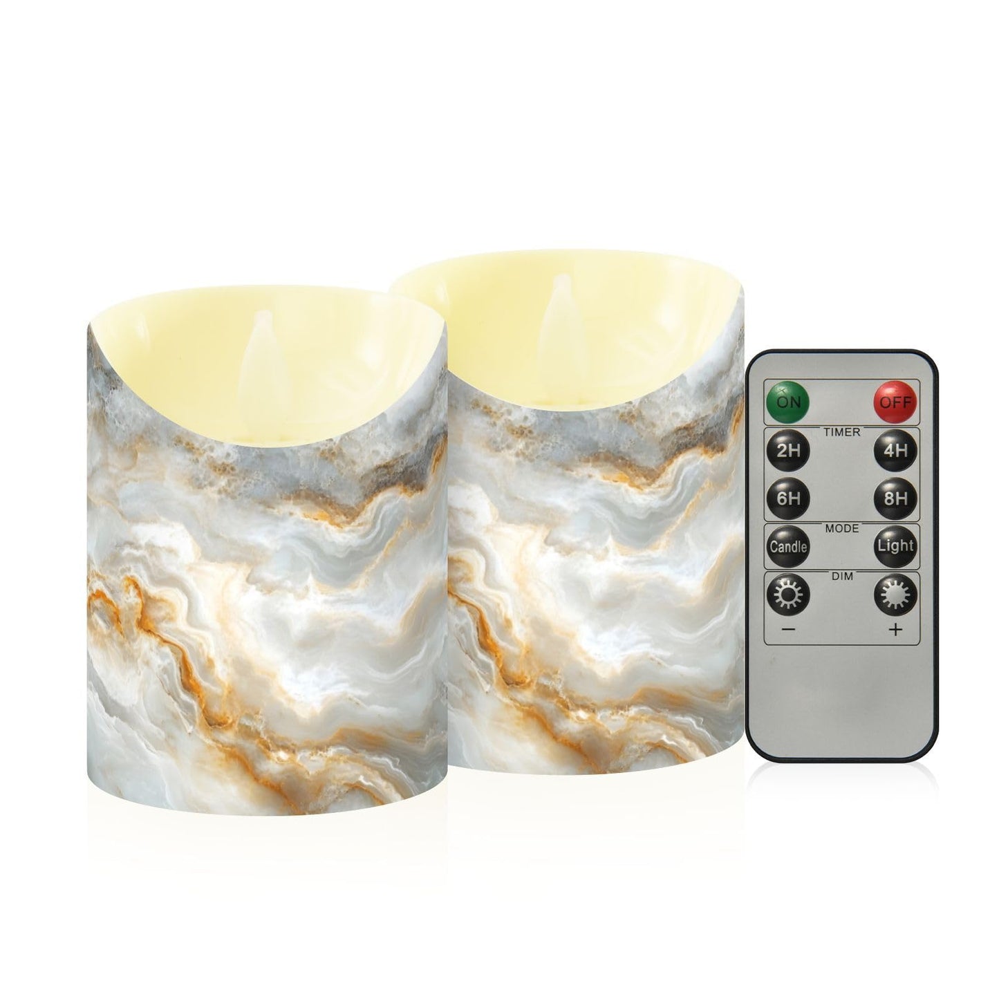 Gravopti White Marble 2 Pack Flameless LED Pillar Candles with Remote & Timer, Battery Operated, Flickering Wax Candle for Wedding, Romantic Home & Party Decor