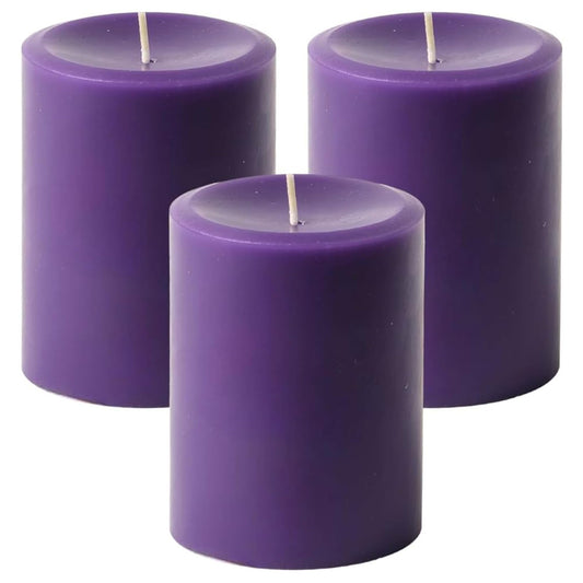 Mister Candle Dripless Unscented Purple Pillar Candles, Set of 3 Hand Poured Solid Color Non-Scented Candles for Home Decor, Premium Wax, 60 Hr Burn Time - 3x4 Inch, Purple