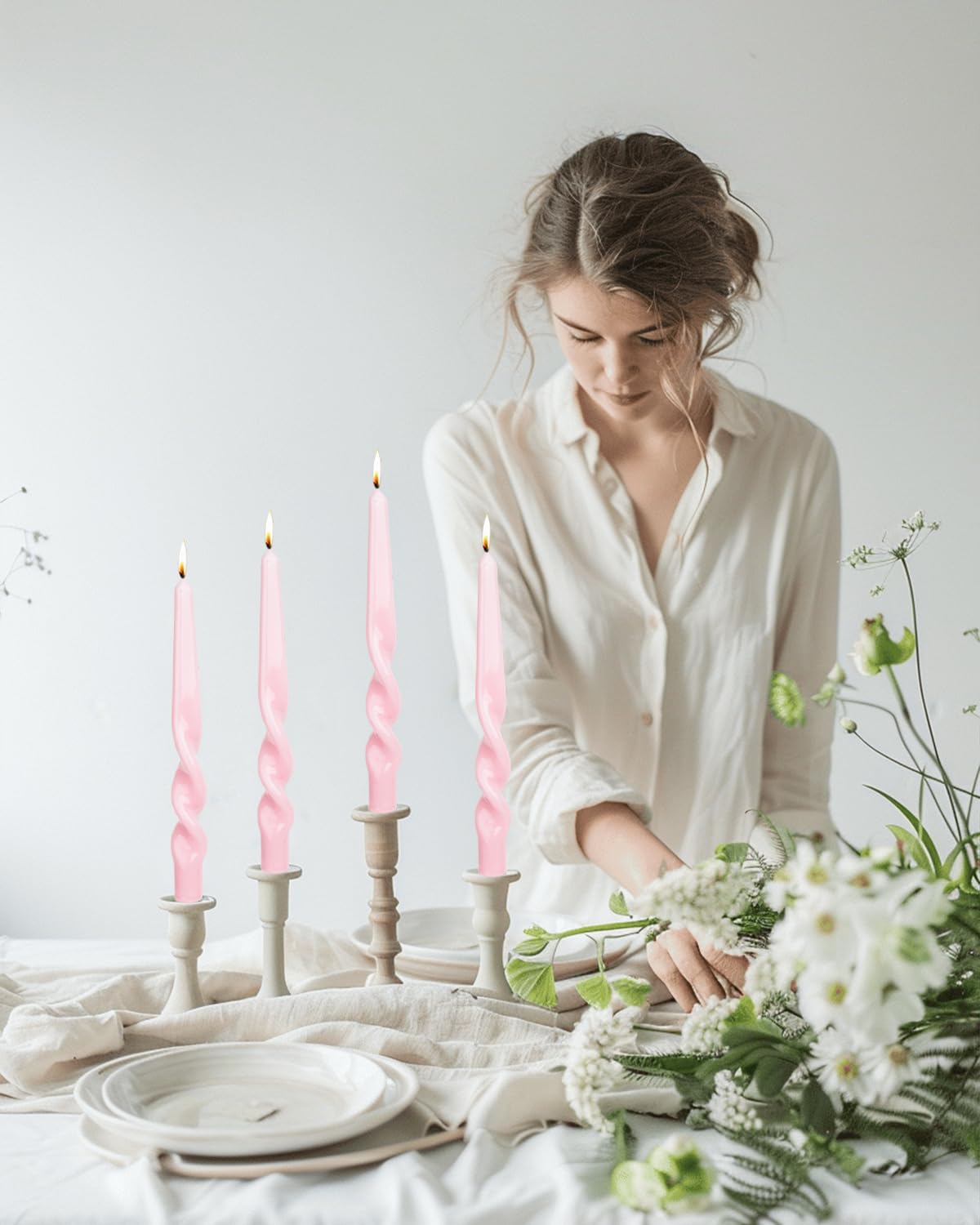 LPUSA Twisted Pink Spiral Taper Candles - Conical Stick Dinner Candles, Unscented, Dripless - 4pcs, H 10 Inch (Ice Cream Pink-A)