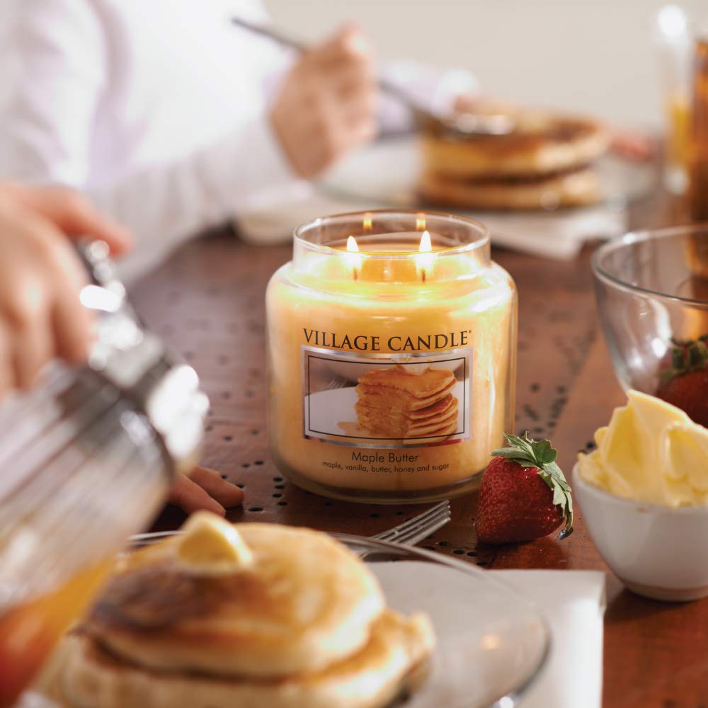 Village Candle Maple Butter 16 oz Glass Jar Scented Candle, Notes of Maple, Vanilla, Butter, Honey, Sugar, Featuring Dual Wick, Medium