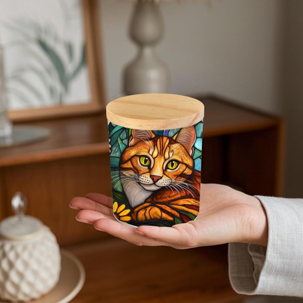 Stained Glass Cat LED Candle Holder with Bamboo Lid, Decorative Tea Light Jar, Orange Ginger Cat Design, 3.5x2.8 Inches