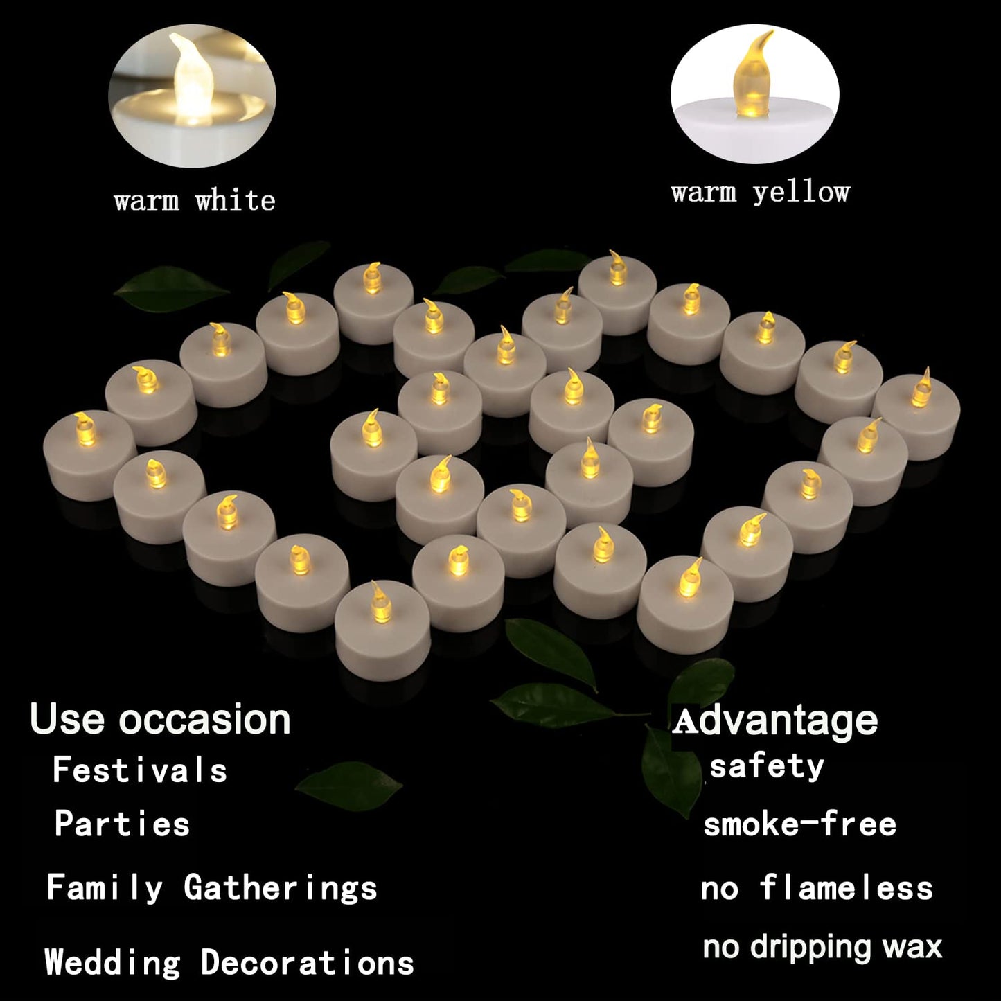 JUNPEI 50Pack Battery Tea Lights Candles- LED Tea Lights Realistic Bright Flickering Holiday Gift Operated Flameless LED Tea Light for Seasonal & Festival Celebration Warm Yellow Lamp Battery Powered