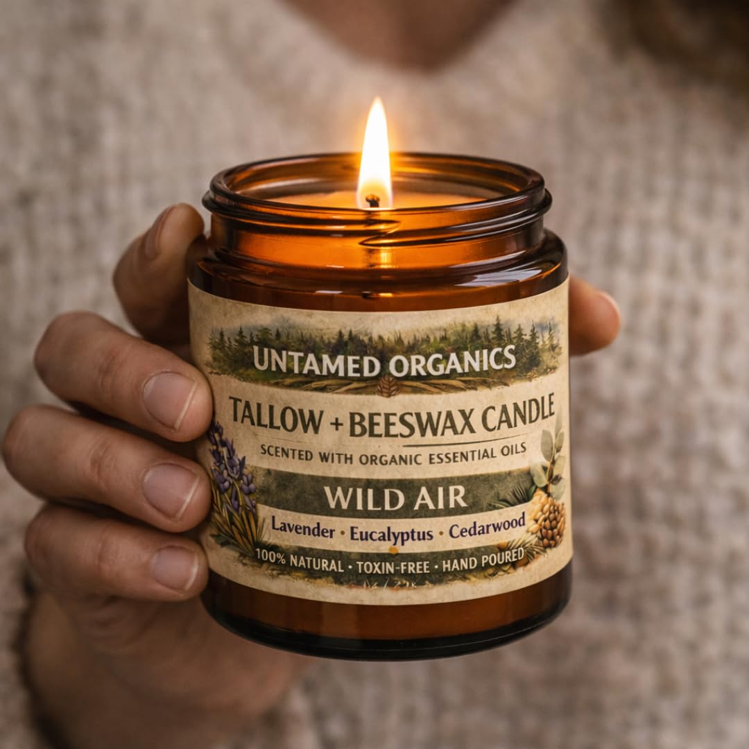 Untamed Organics Grass-Fed Tallow Candle, Essential Oil Scented (Lavender Eucalyptus Cedarwood), No Synthetic Fragrance, Non-Toxic, 100% Cotton Wick, Hand Poured, 8 oz Amber Glass Jar, 50+ Hr Burn