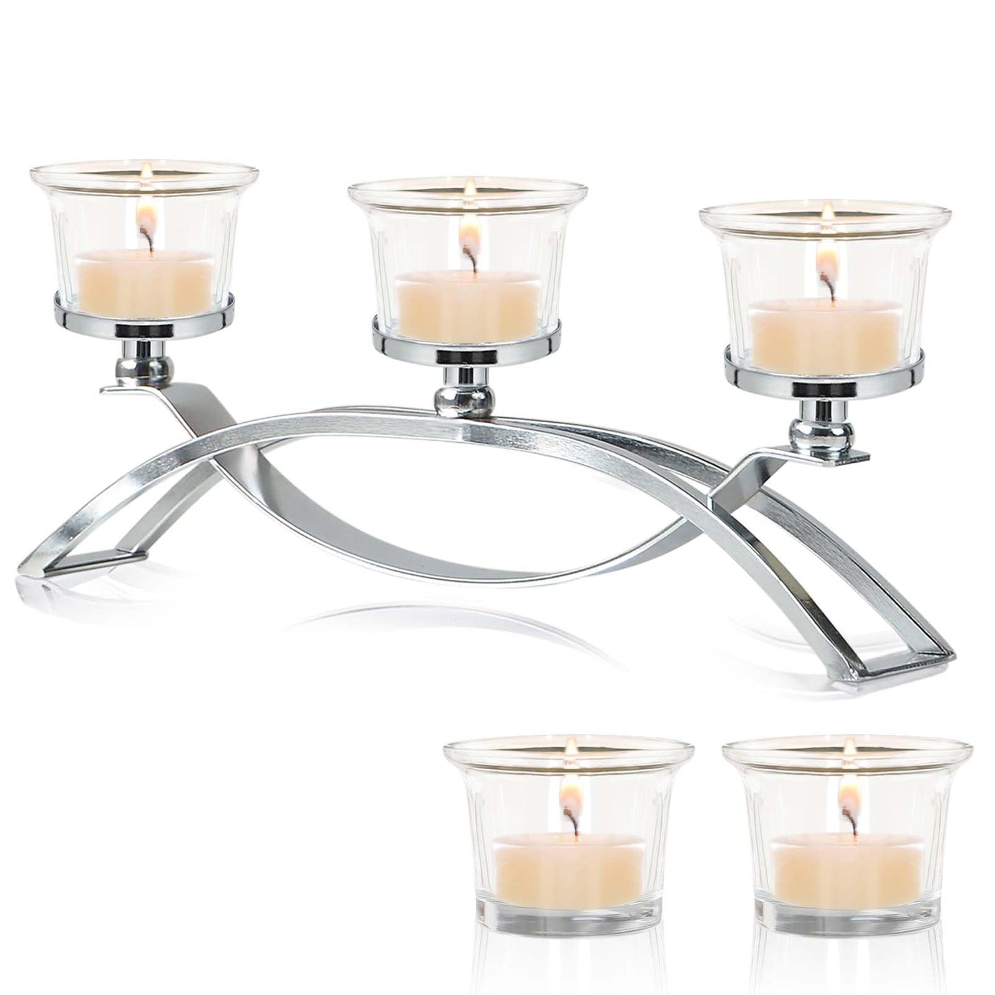 3-Arm Metal Tea Light Candle Holder Set with 5 Glass Cups, Votive Candle Holders Centerpiece Candelabra for Wedding Table Decor, Home Gatherings and Holidays (Silver, 5 Cups)