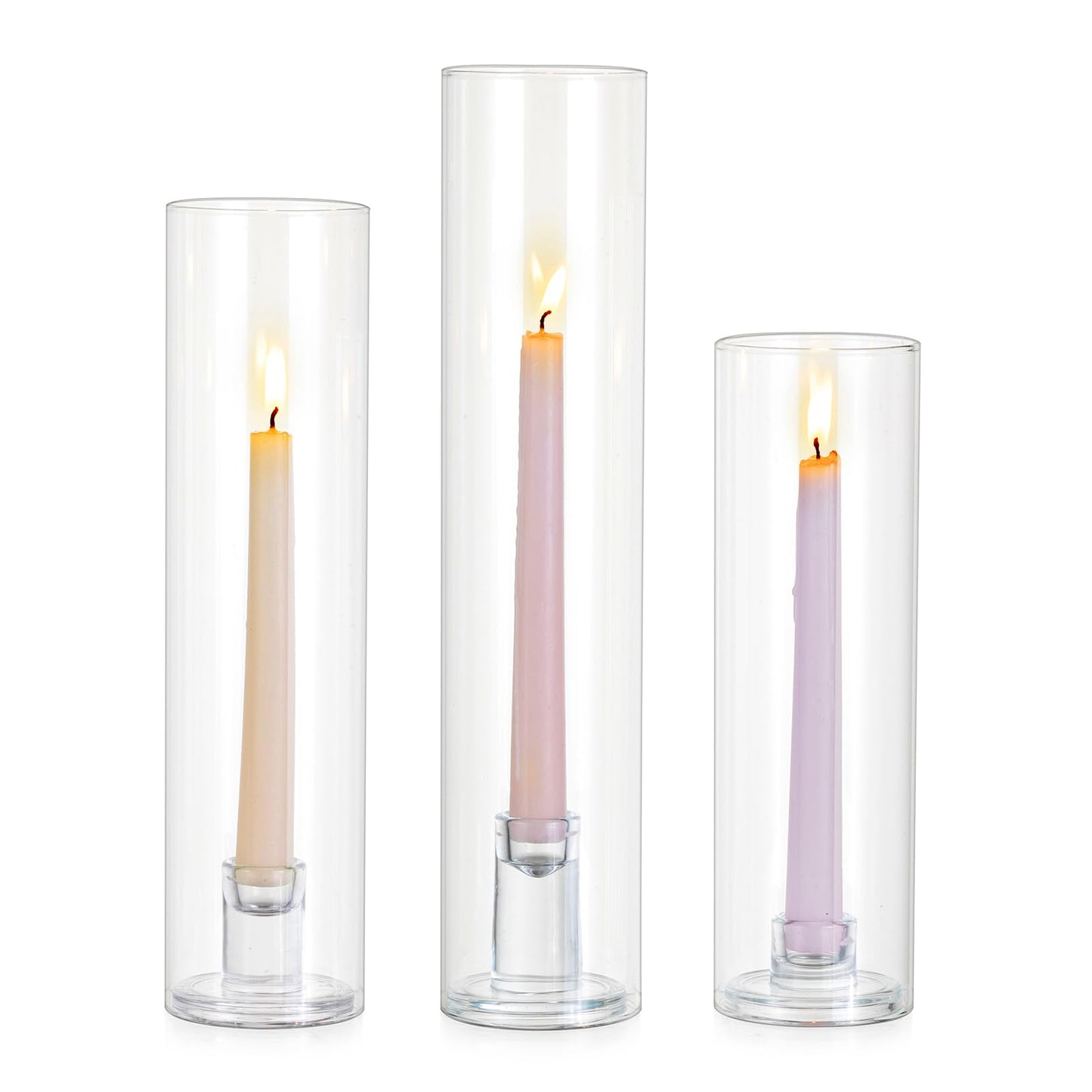 Glasseam Hurricane Taper Candle Holders: Set of 3 Glass Candlestick Holders with Clear Tall Cylinder Candle Sleeves for Centerpiece Table Outdoor Wedding Home Decor 9.84''/11.84''/13.78''