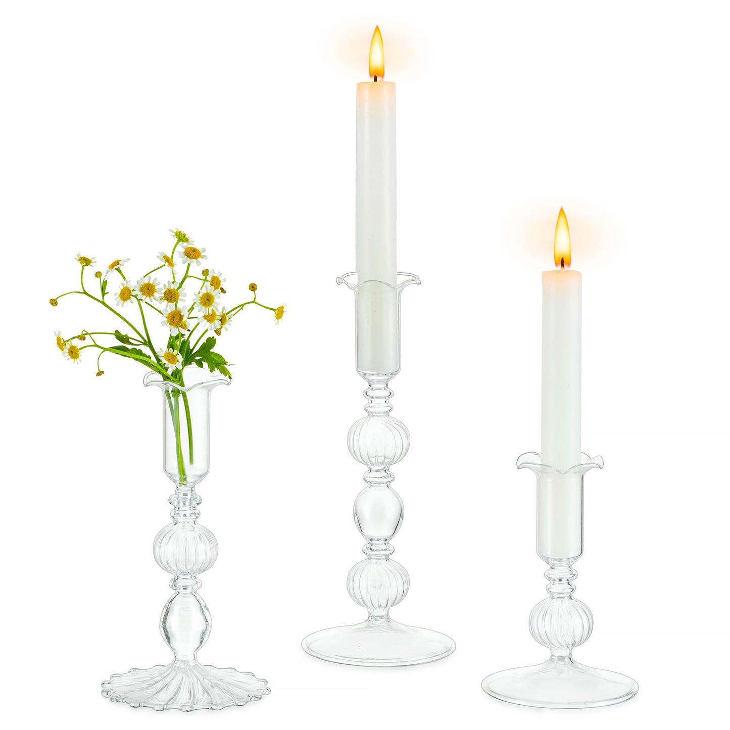Glasseam Glass Tapered Candlestick Holders: Set of 3 Clear Candle Sticks Holder Decor with Bobeche Modern Ribbed Taper Candle Holders for Table Centerpiece Christmas Wedding Home Decorations