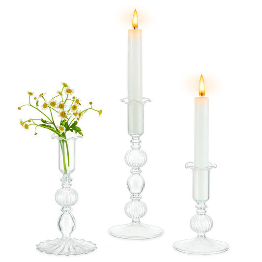 Glasseam Glass Tapered Candlestick Holders: Set of 3 Clear Candle Sticks Holder Decor with Bobeche Modern Ribbed Taper Candle Holders for Table Centerpiece Christmas Wedding Home Decorations