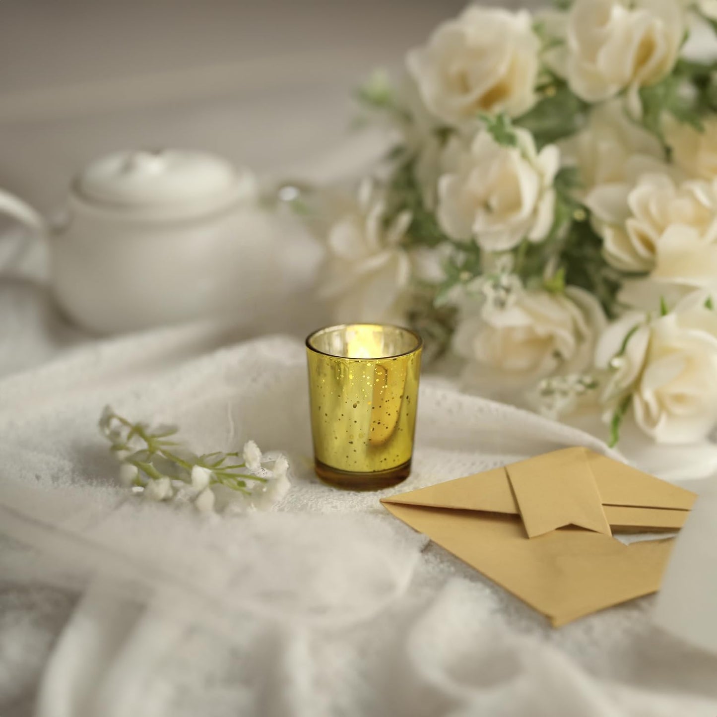 WGV Gold Speckled Tea Light Votive Candle Holder 2.2x2.75, Small Tiny Utility Cylinder Mercury Glass Vase, Home Accent Decor, 24 Pieces